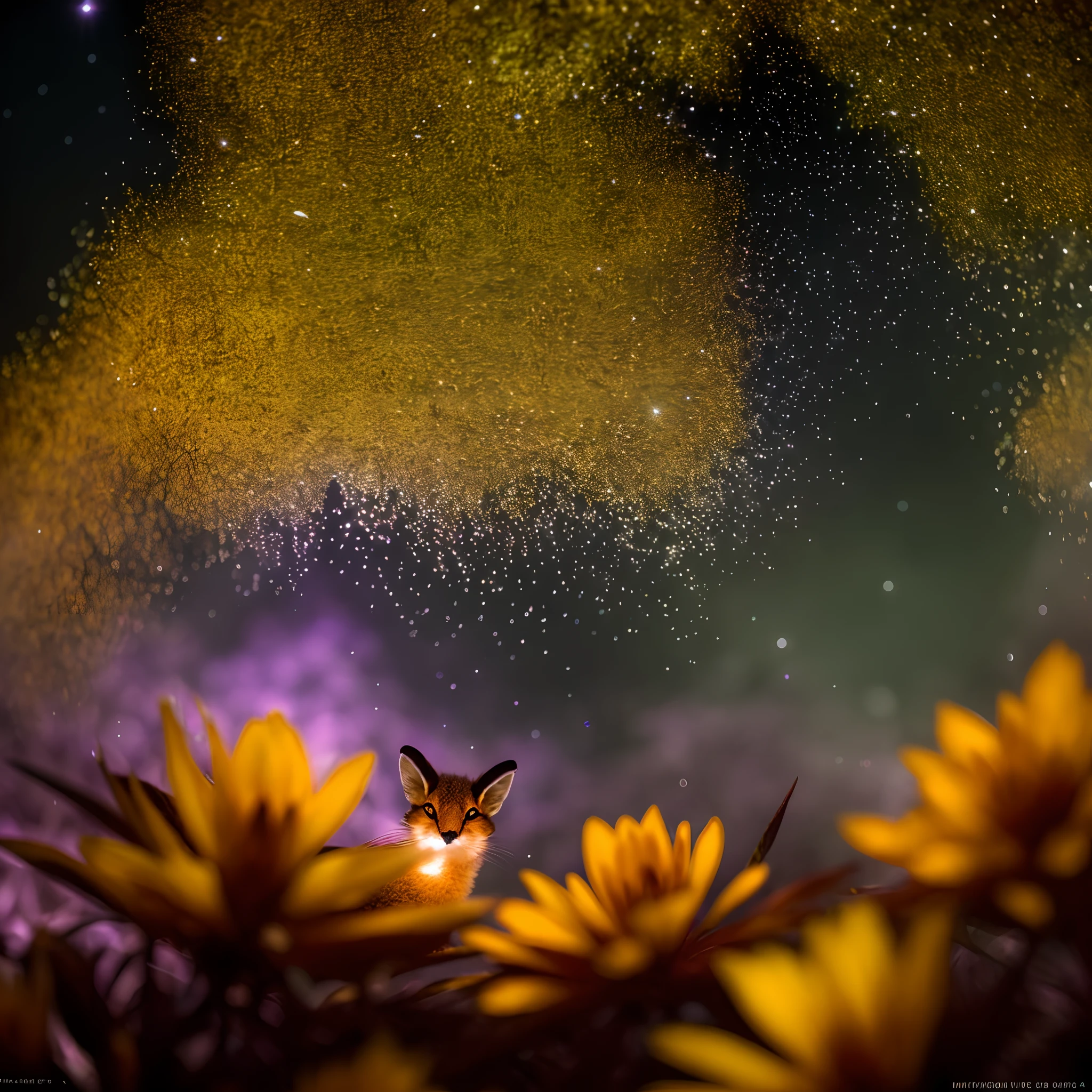 close-up da foto de uma raposa em uma floresta encantada, noite, vaga-lumes, volumetric haze, halation, flor, dramatic atmosphere, centralizado, thirds rule, tiro macro de 200mm 1.4f