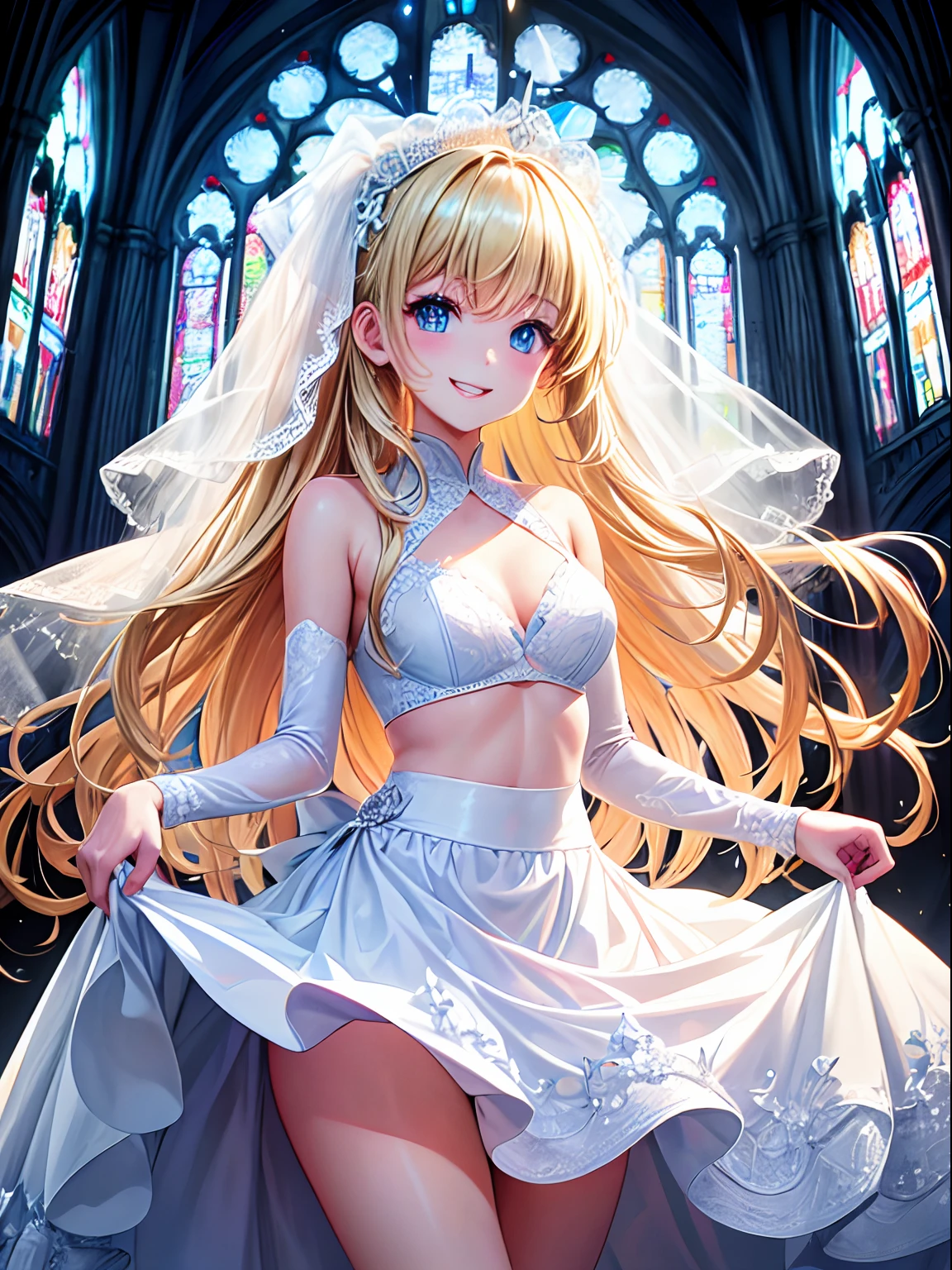hight resolution, top-quality, ultra-quality, The ultra-detailliert, lighting like a movie、white church、Wedding Bikini、A smile、a blond、