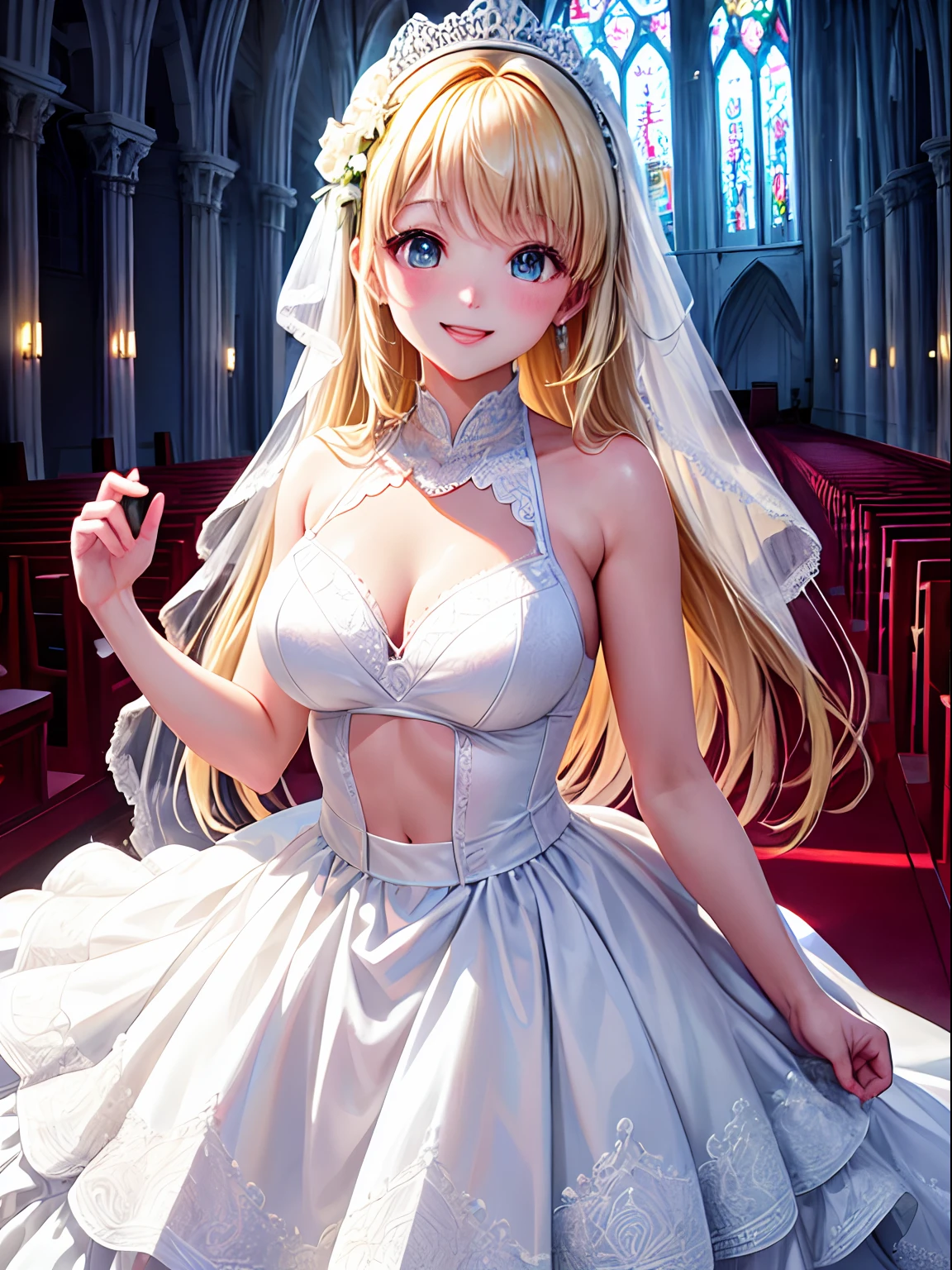 hight resolution, top-quality, ultra-quality, The ultra-detailliert, lighting like a movie、white church、Wedding Bikini、A smile、a blond、
