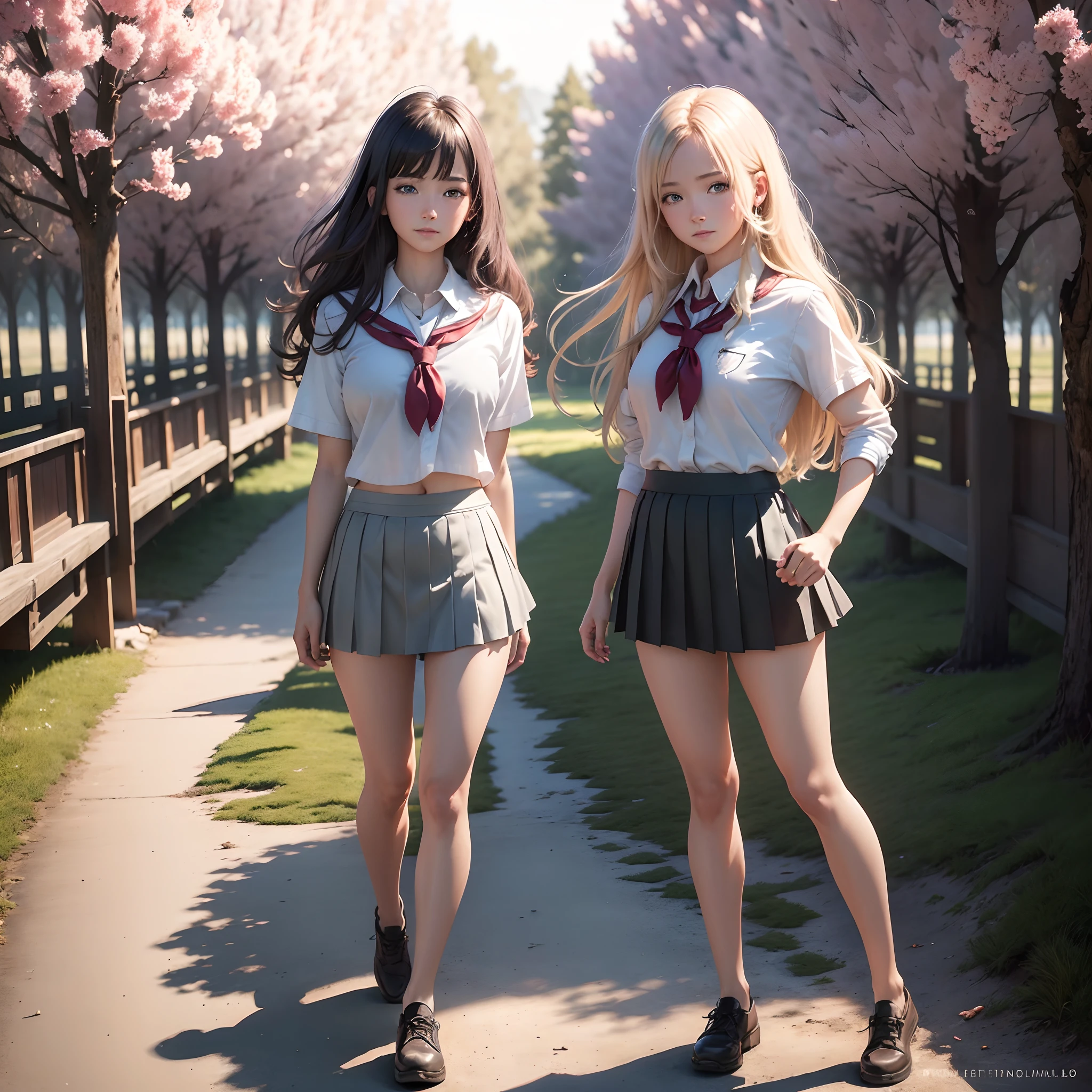18 years old female, long-haired, RAW photo, bokeh (Realism: 1.4, Realistic), High Detail CG Wallpaper 8K Turnkey, 1girls, ((Slim body: 1)), (Small breasts: 1), Return to Viewer, ((Direct view from the front)), (HQ skin: 1.4), 8k UHD, DSLR, Soft light, High Quality, grain of film, Fujifilm XT3, ((School uniform, short skirt,View through an open skirt:1.5)), ((outdoor, at park))) Jangju, portrait,((Short multi-layer haircut, Black Rentals,small breast:1.2)),(looking at the audience:1.4),(Full body:1.8)Draw a river with a small village, anime beautiful peace scene, Very beautiful landscape., Landscape art, Landscape Art Details, Very beautiful digital art., The beauty of natural landscapes, UHD 4K beautiful art, Very beautiful photos., beautiful nature, landscape wallpaper, really beautiful nature, beautiful digital artwork, beautiful background, Cherry trees, Anime style