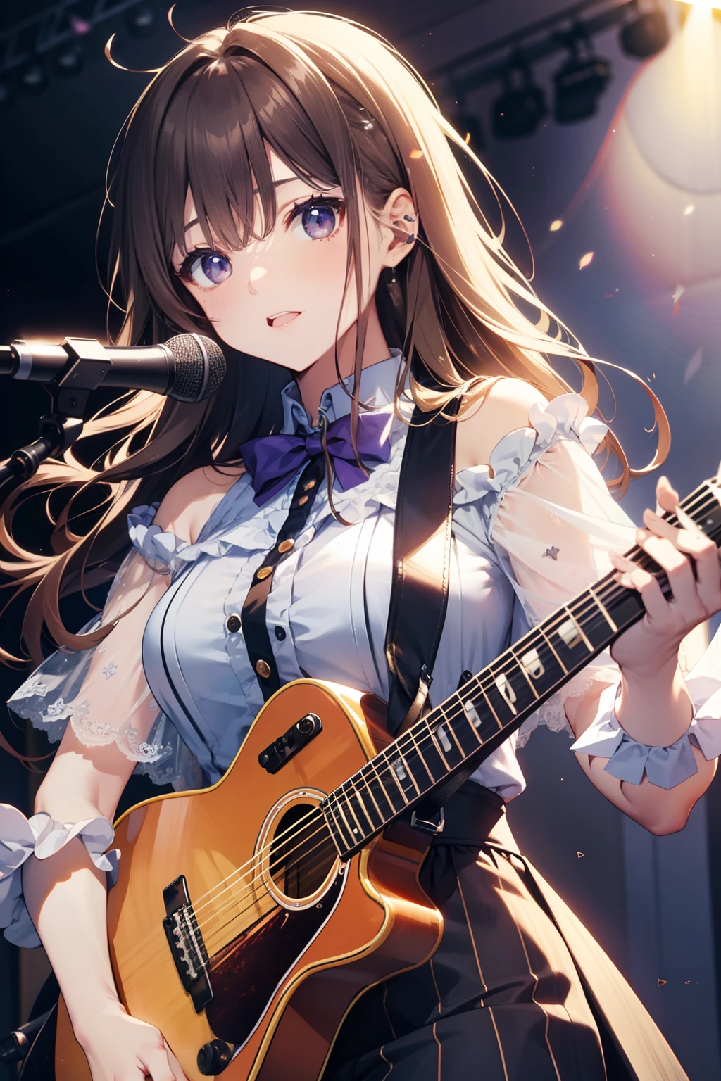 top-quality、Full limbs、complete fingers、Slender beauty、straight haired、Brown hair、Deleste、Blue, White and purple idol costume、high socks、Beautiful Large Breasts、Live Stage、Singing、Pull the guitar、Yellow Heart Guitar