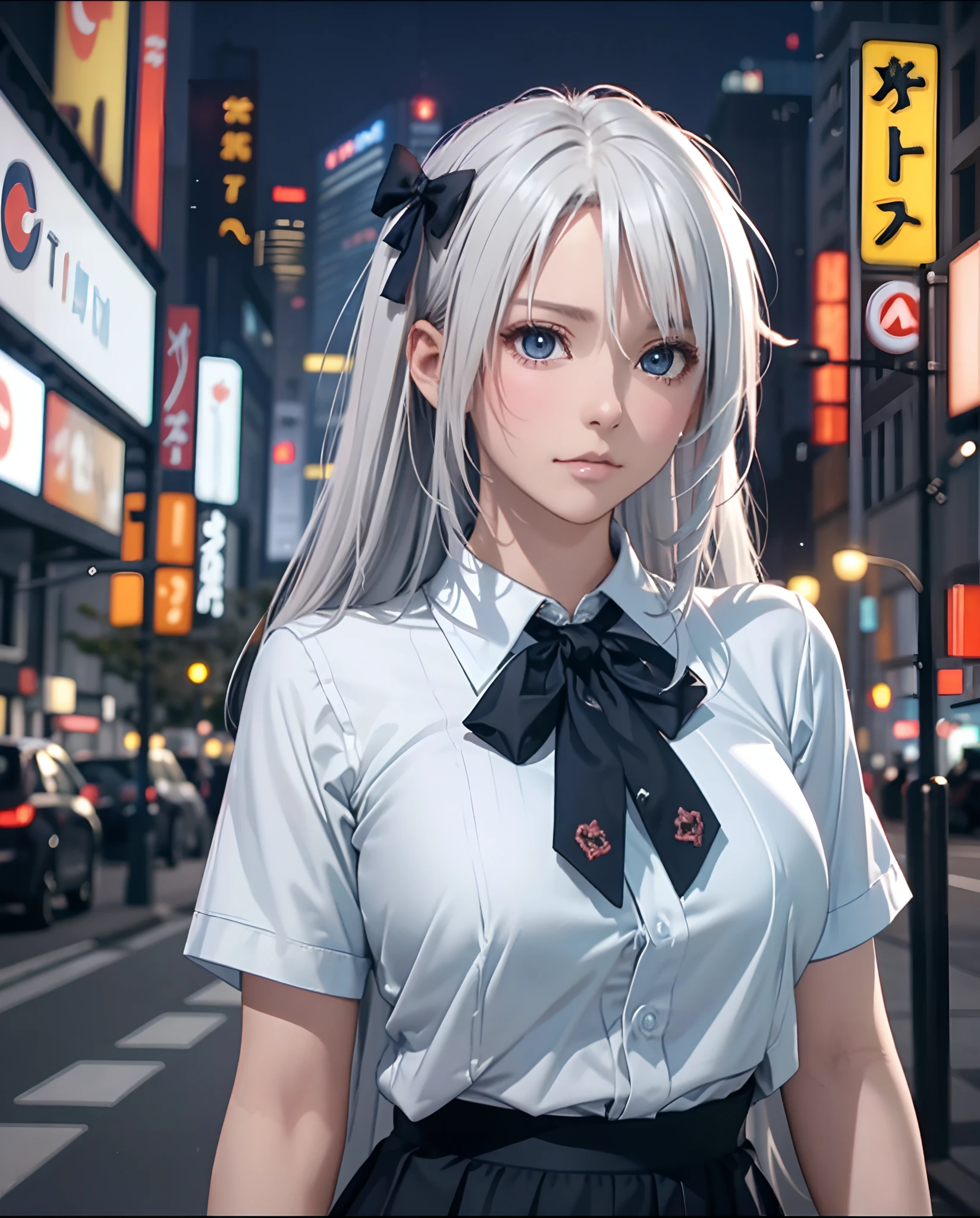 (8K, Raw photo, masutepiece:1.3), (Realistic, Photorealsitic:1.37), (Night), (Looking at Viewer:1.331), (White hair), Posing, on tokyo street, night cityscape, Cyberpunk City, Soft light, 1girl in, Extremely beautiful face, Bust, put down hands, Random hairstyle, Random expression, Big eyes, lower abdom, (shortsleeves .nffsw_Shirt), nffsw_Style, (Dark blue ajc_Skirt), (Bow Ticker_tie), mix4., Best Quality