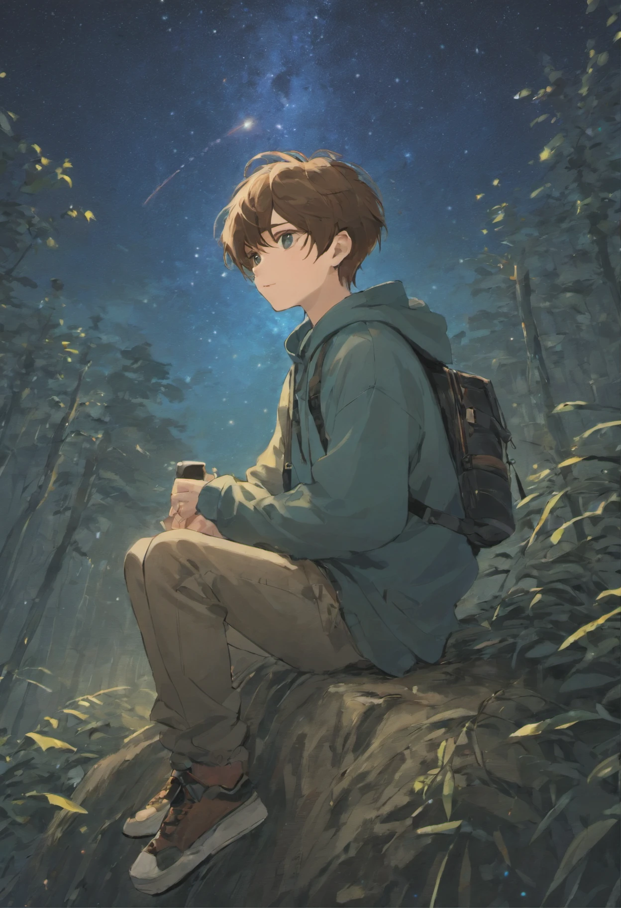 Anime Boy 14 year old, in blue hoodie, brown hair, black jeans, backpack, starry sky, sitting on floating land tree shading him, meticulously detailed, 4K, moody, dreamy, camera focus on starry sky and foggy surroundings