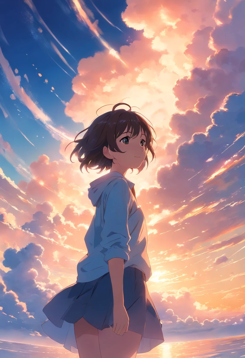 masterpiece, best quality, movie still, 1girl, cloud girl, floating in the sky, close-up, bright, happy, warm soft lighting, sunset, (sparks:0.7)