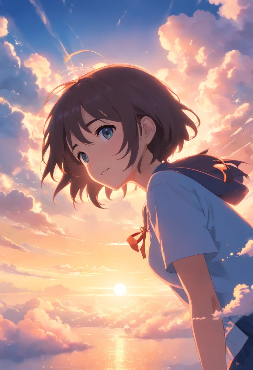 masterpiece, best quality, movie still, 1girl, cloud girl, floating in the sky, close-up, bright, happy, warm soft lighting, sunset, (sparks:0.7)