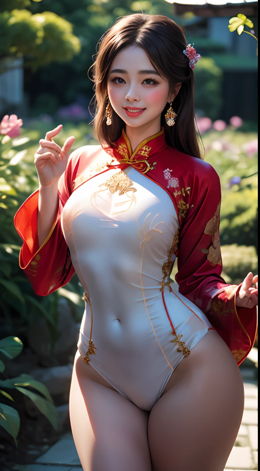 Timeless charm、Elegance、Ultra ultra high definition like a photo movie、Super Real、8K、nffsw、An ultra-high picture quality、​masterpiece、In the middle of the flower garden、cowboy  shot、Vietnamese girl、One girl、kindly smile、Standing、(Red translucent ao dai:1.5)、(Translucent Ao Dai:1.5)、Beautiful sexy bra、Beautiful sexy panties、soft smiling、Black eyes、Long black hair flowing back、beautiful countenance、Exquisiteface、perfectly proportions、Drop-shaped chest、爆乳、Constriction、Navel、Crotch gap、Enhanced round buttocks、well-shaped neat buttocks、thighs thighs thighs thighs、Sexy Soft Pose、Curved shape、beautiful curves、Maximum 4 fingers and 1 thumb relationship, balanced body shape with a length of 7 heads,, Elegant and vivid Ao Dai、relax、Flowers blooming around、complex pattern、Vibrant colors、Garden with colorful flowers、A paradise of natural beauty、A quiet、Gorgeous、(Depth Fields:1.3), Beautiful flower garden in the background、(the background is blurred:2),