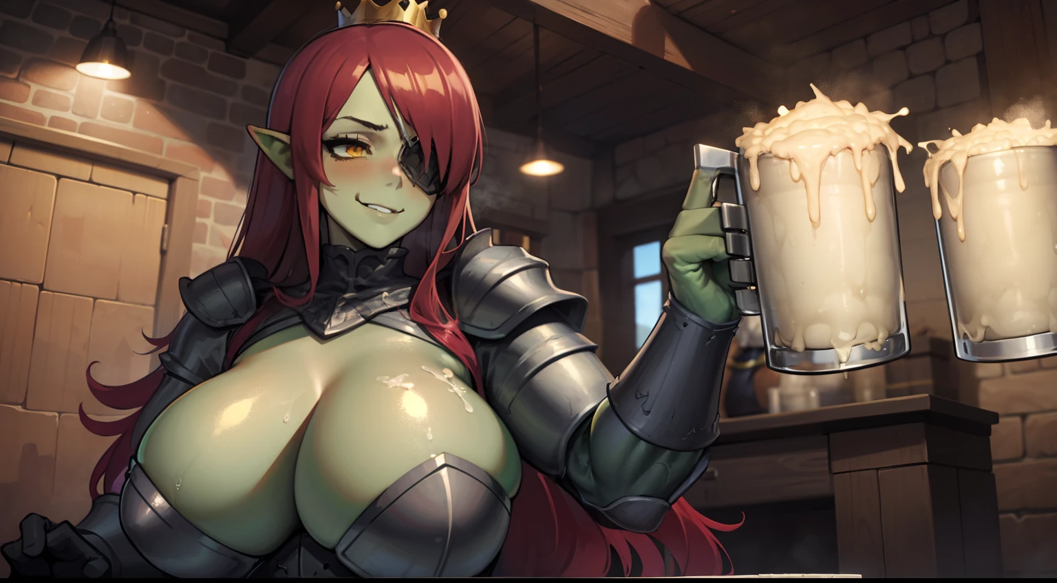 1girl,solo,yellow eyes,red hair, orc,orc girl,colored skin,green skin,huge breasts,crown,sitting, throne, ,armor, breastplate,eyepatch, smirk, muscular female,cum mug,cum in glass,upper body,indoors,traven