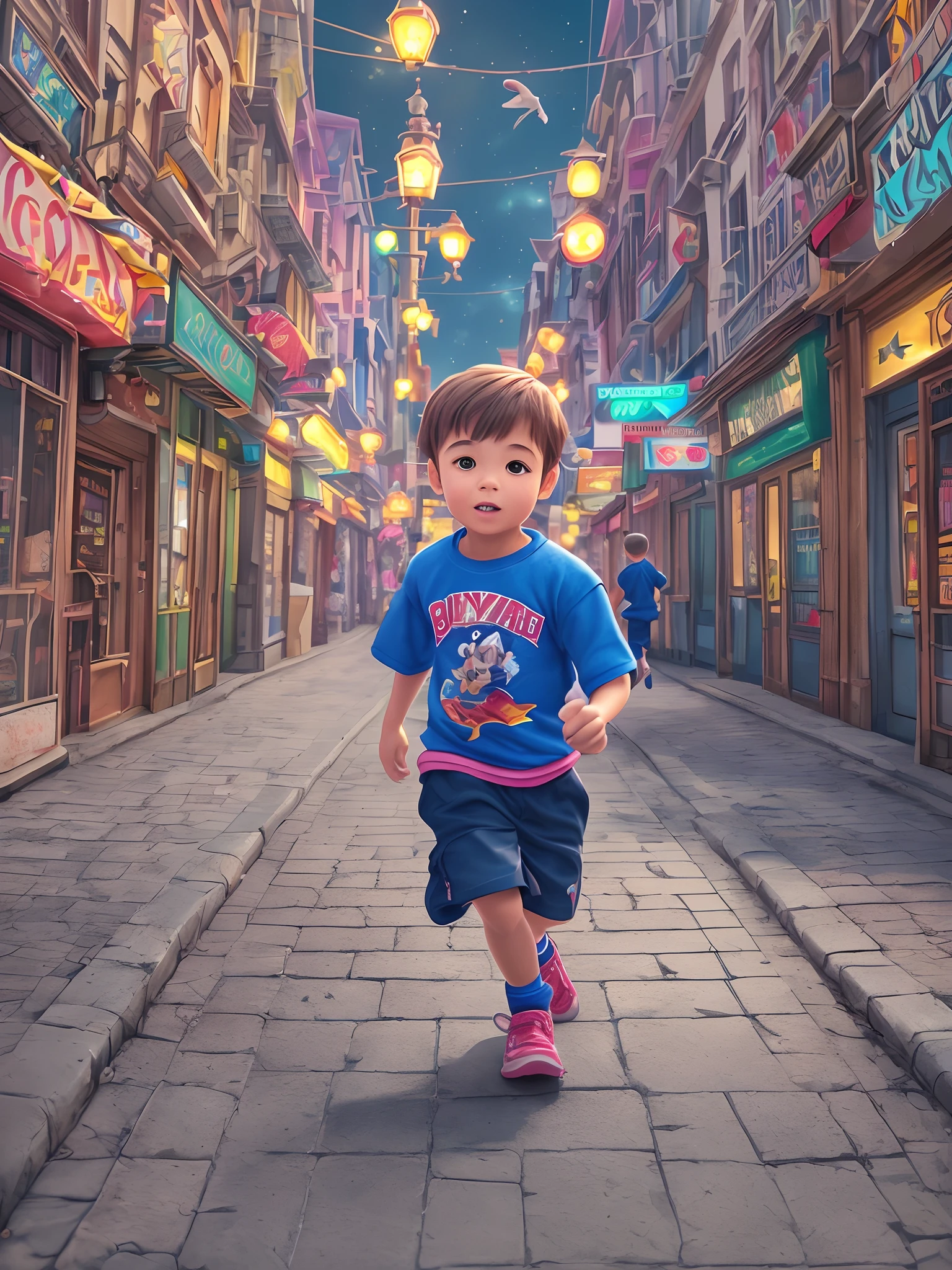 front view, A little cute boy is running in a fairytale world, Blind box, Popmart ip, Disney style, Pixar style, 3D, C4D, candy color, neon palette style, realistic, light background, Oc rendering , soft focus, soft light, high saturation, 8K, hdr, masterpiece, super detail --auto --s2