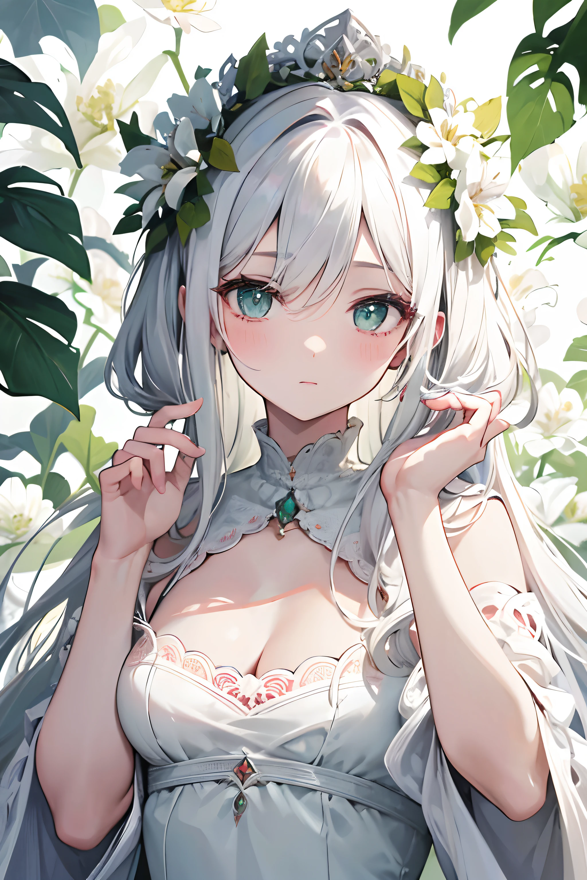 Beauty God,mediating,Blush,White color hair,Dark green pupils,Plain white long dress,Green leaves and white flower heads,detail in face,The cleavage protrudes,Small breasts,Wallpaper phone