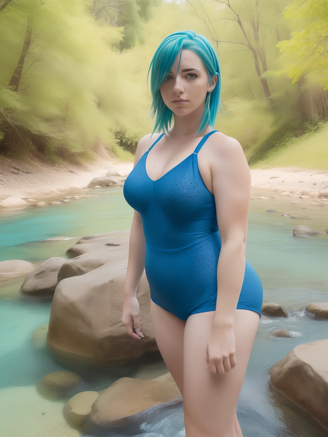 ((arafed woman with blue hair and green hair taking a selfie outside beside a river)), full pov, ((freckled)), ((big freckles)), cute freckles, light cute freckles, RAW photo, hyper photorealistic, detailed skin, soft natural raw light, highly detailed, best quality, ultra detailed, extremely detailed, taken from mobile camera, deep depth of field, grain, noise, ((nose freckles)), ((hint of freckles)), ((cleavage showing)), ((woman with freckles)), ((hint of shoulder freckles)), ((freckles!!!)), ((freckled arms)), ((freckled chest!!!)), ((light cute freckles)), ((sparse freckles)), ((hip size 45 inches)), ((large tight ass)), ((wearing a tight bathing suit)), ((freckled arms)), ((breasts size 34 C)), ((thicker body))