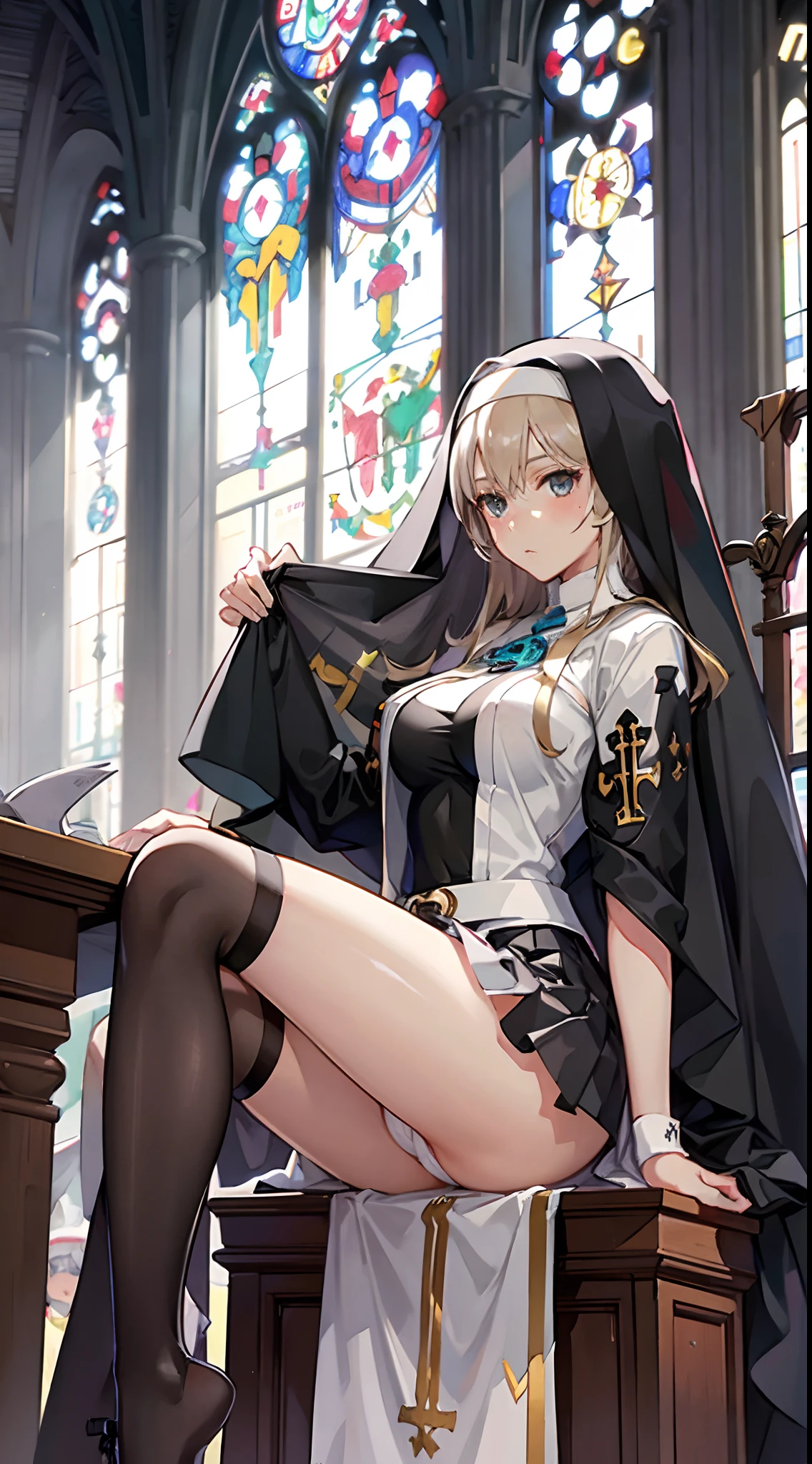 (A MILF),(((maturefemale,Adult Woman))),top-quality, ultra-definition, max resolution, A highly detailed,Large breasts,thong,Long hair,In a church,1girl in,(Skirt),((nun)),blush,overknee socks,From below,masuter piece,White panties