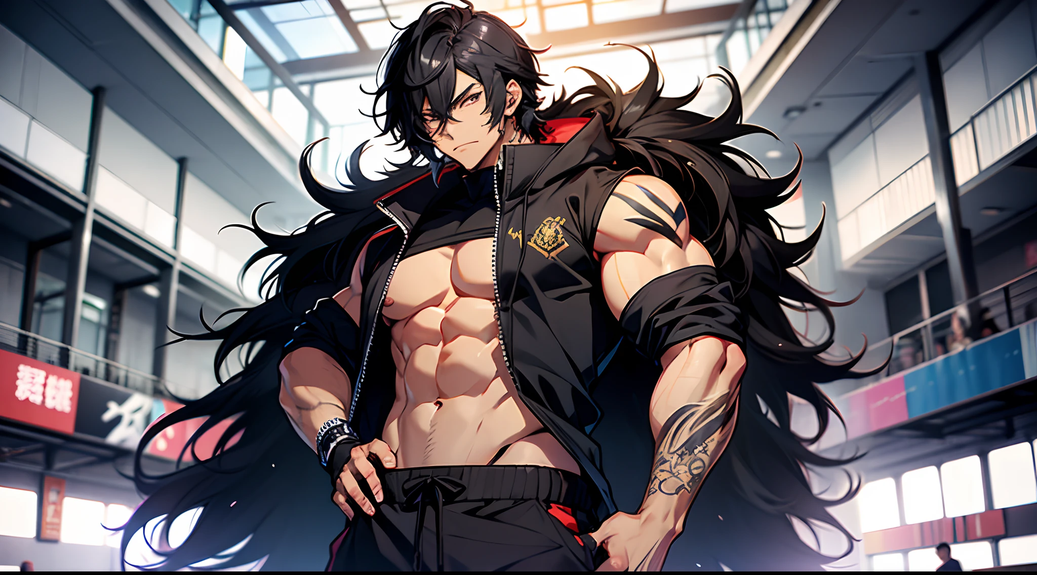 Yuijiro Hanma handsome, good body, Anime character, standing in the gym, decorated with devil tattoos, beautiful and clear muscles. His black hair is wild and unruly, his pants are black.
