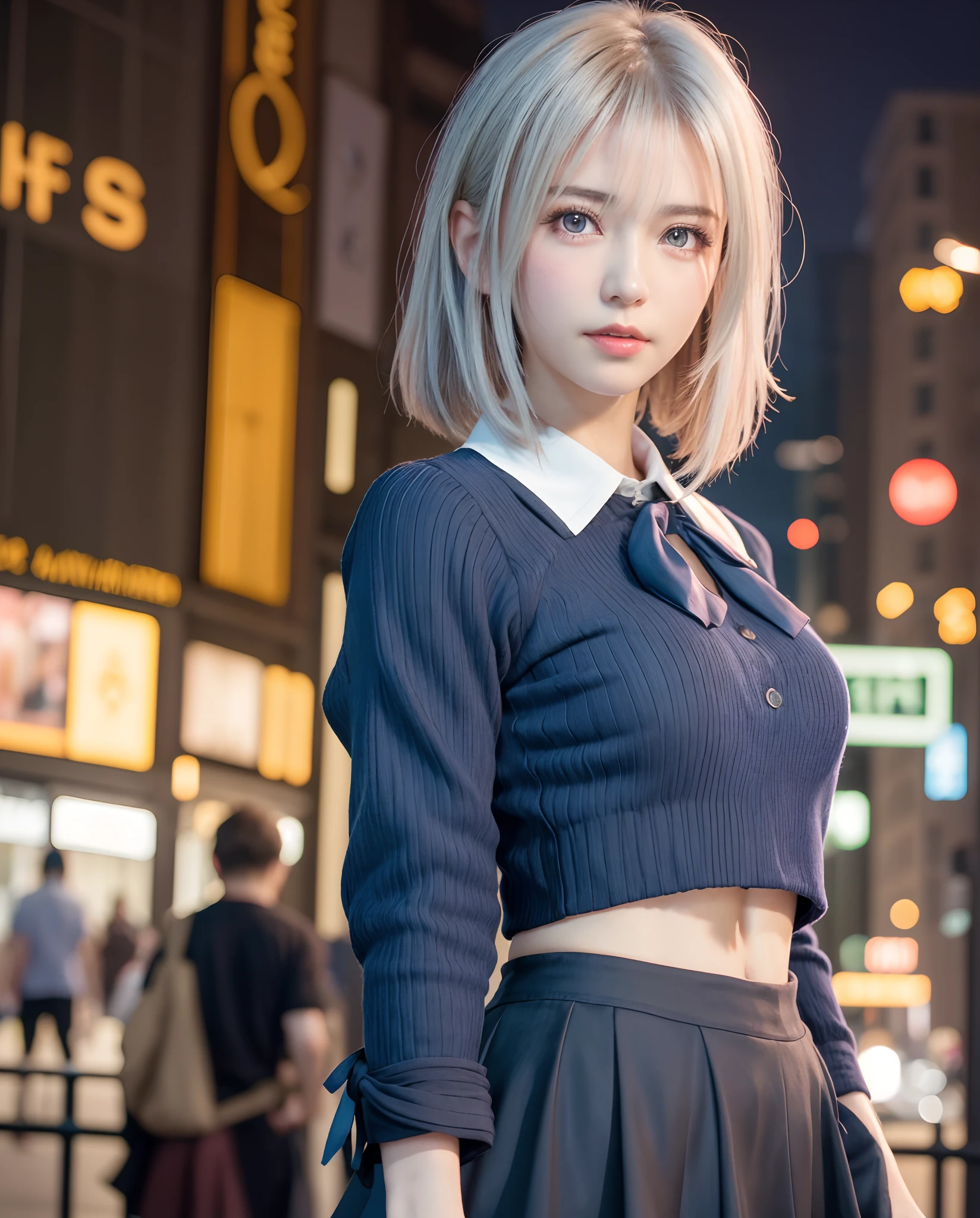 (8K, Raw photo, masutepiece:1.3), (Realistic, Photorealsitic:1.37), (Night), (Looking at Viewer:1.331), (White hair), Posing, on tokyo street, night cityscape, Cyberpunk City, Soft light, 1girl in, Extremely beautiful face, Bust, put down hands, Random hairstyle, Random expression, Big eyes, lower abdom, (shortsleeves .nffsw_Shirt), nffsw_Style, (Dark blue ajc_Skirt), (Bow Ticker_tie), mix4., Best Quality