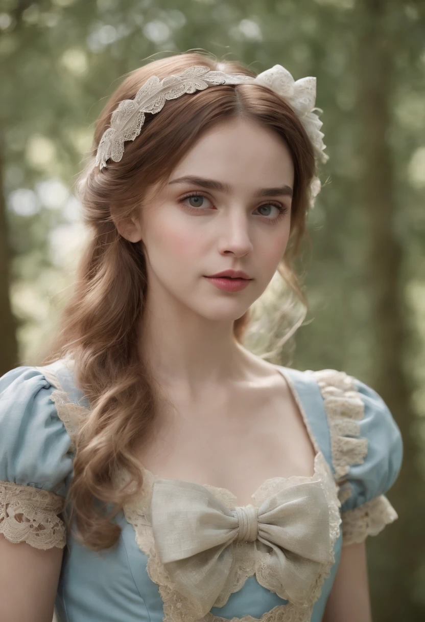1girl, masterpiece, best quality, 8k, detailed skin texture, detailed cloth texture, beautiful detailed face, intricate details, ultra detailed, Alice in Wonderland, (a bow on her head:1.1), upper body