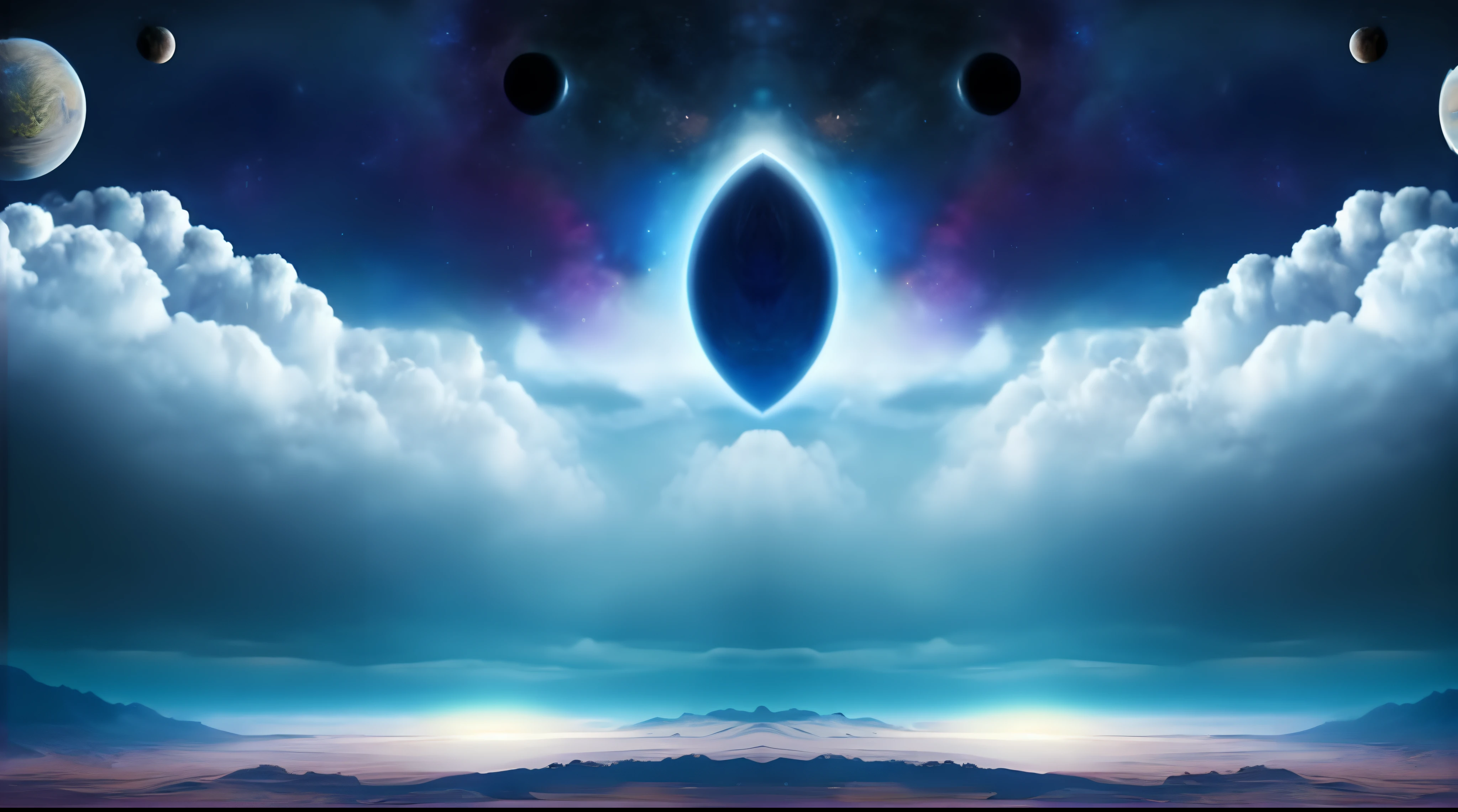 View of a planet with large moons and several asteroids, Magic portal in the sky, spiritual abstract forms, Astral appearance, gateway to another universe, Starlight plane, otherworldly visuals, spirits coming out of portal, gateway to another dimension, rising from the void, Directs the energy of the third eye, in the astral plane ) ) ), cosmic entity