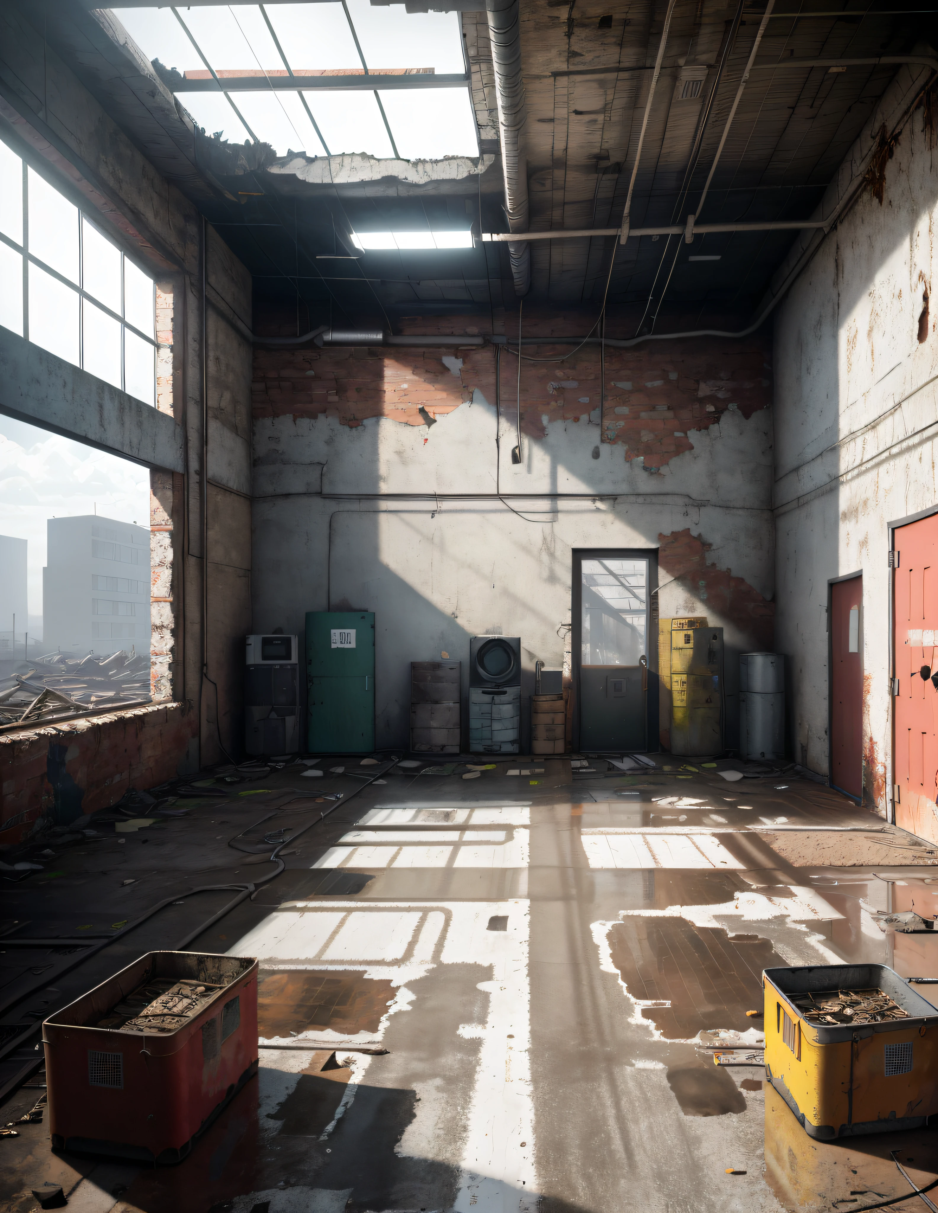 Apocalyptic abandoned warehouse, many safes piled up in the warehouse, industrial style many pipes, seats, cables, poles, rusty guardrails, gray walls, damaged wall paint, some garbage on the floor, very detailed advertising, spotlights (very radiant), humidity, artificial and sterile environment, daytime sunlight coming down from the roof through cracked windows, vegetation between cracks in the walls and floors