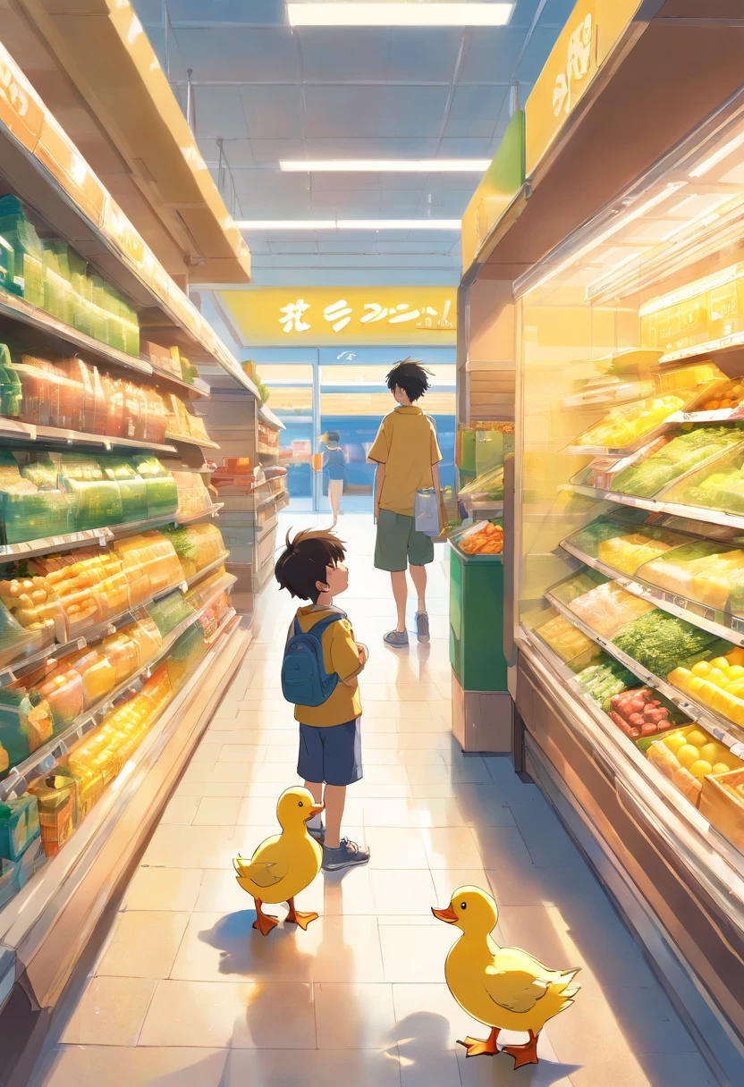 A seven year old boy and a yellow duckling are standing outside of a supermarket talking