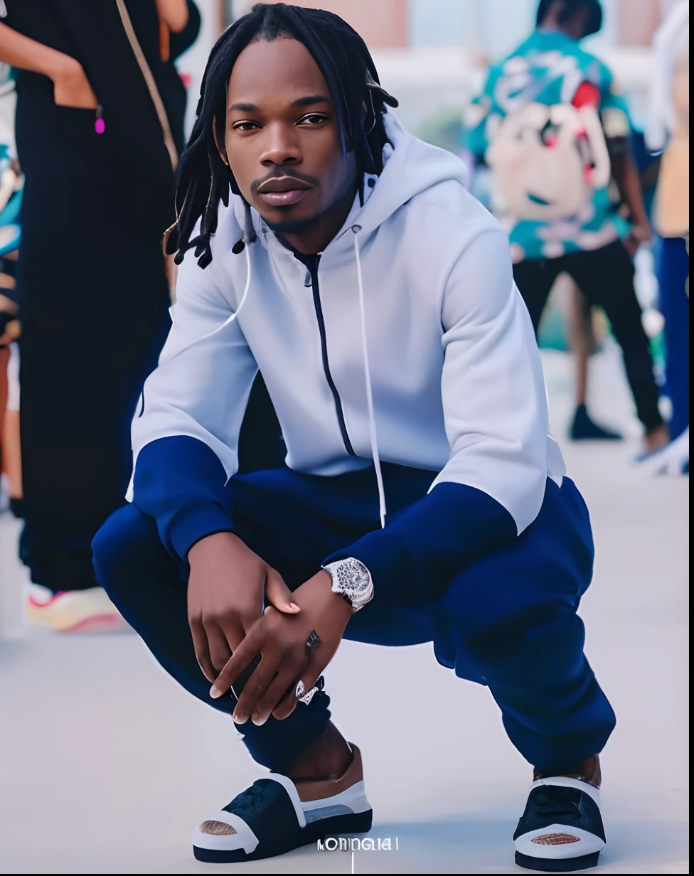 Naira marley, celebrity, araffe man with dreadlocks crouching down, stylish pose, taken in the early 2020s, wearing a tracksuit, with a cool pose, an artistic pose, wearing a track suit, childish look, 2019 trending photo, trending artwork, edited, casually dressed, doing an elegant pose, accurate depiction