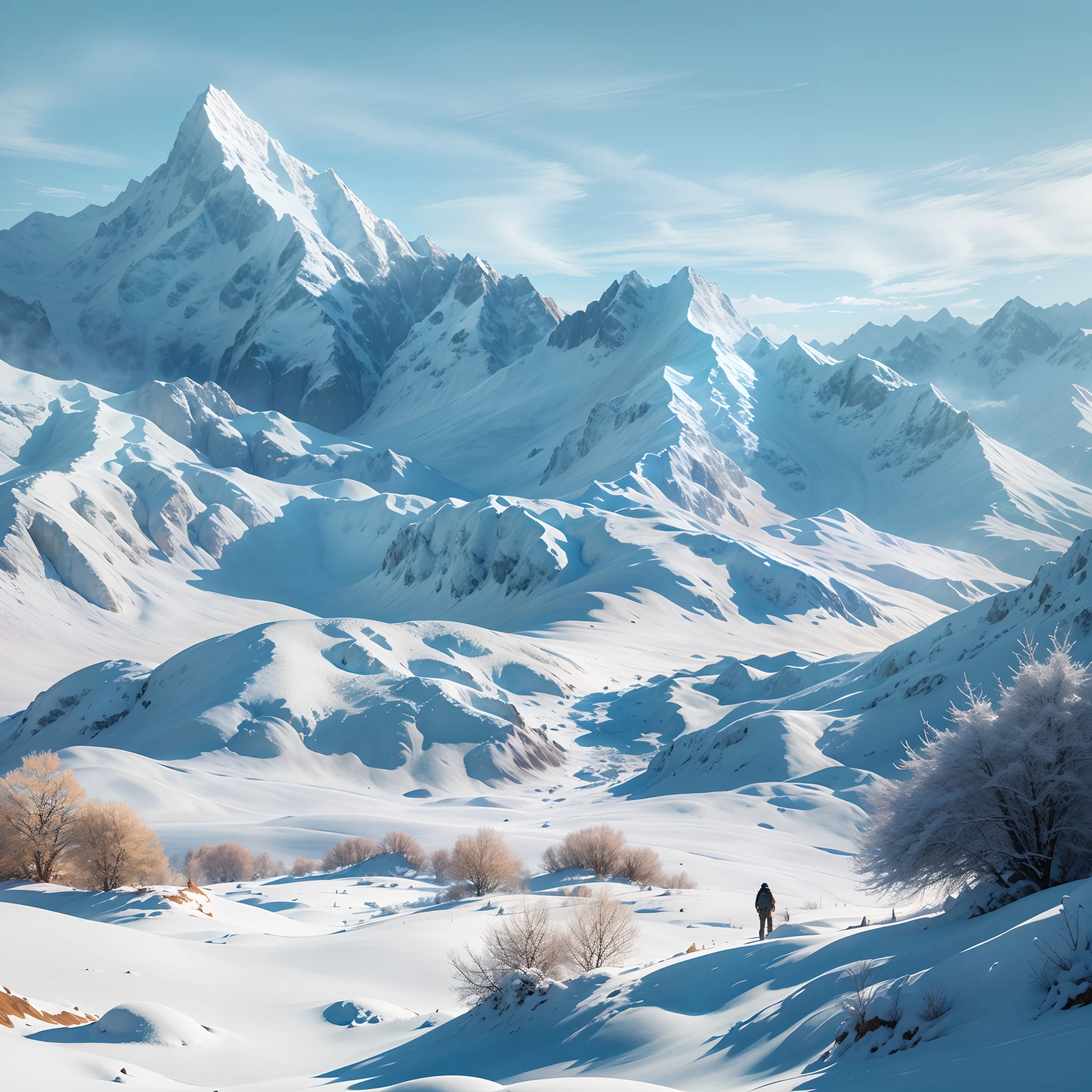 snow mountains，blue-sky，（Ultra-realistic scene 1.3）（Extreme Light and Shadow 1.3）（Aurora Tracking 1.3）Super real，cinematic Film still from，alps，Tender green savannah，（The proportion of mountains and grasslands is about 1:3）There are people traveling in the distance，The warm sun shines directly on the snow-capped mountains，