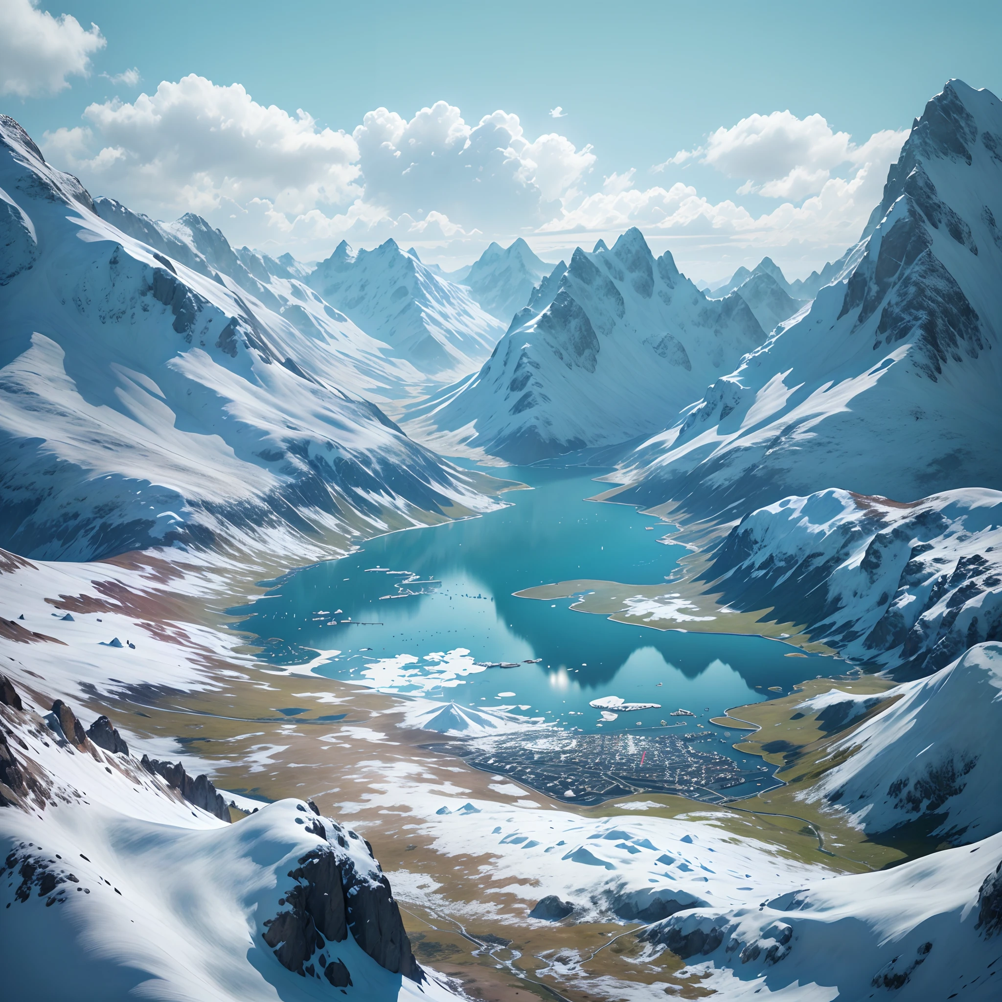 snow mountains，blue-sky，（Ultra-realistic scene 1.3）（Extreme Light and Shadow 1.3）（Aurora Tracking 1.3）Super real，cinematic Film still from，alps，Tender green savannah，（The proportion of mountains and grasslands is about 1:3）There are people traveling in the distance，The warm sun shines directly on the snow-capped mountains，