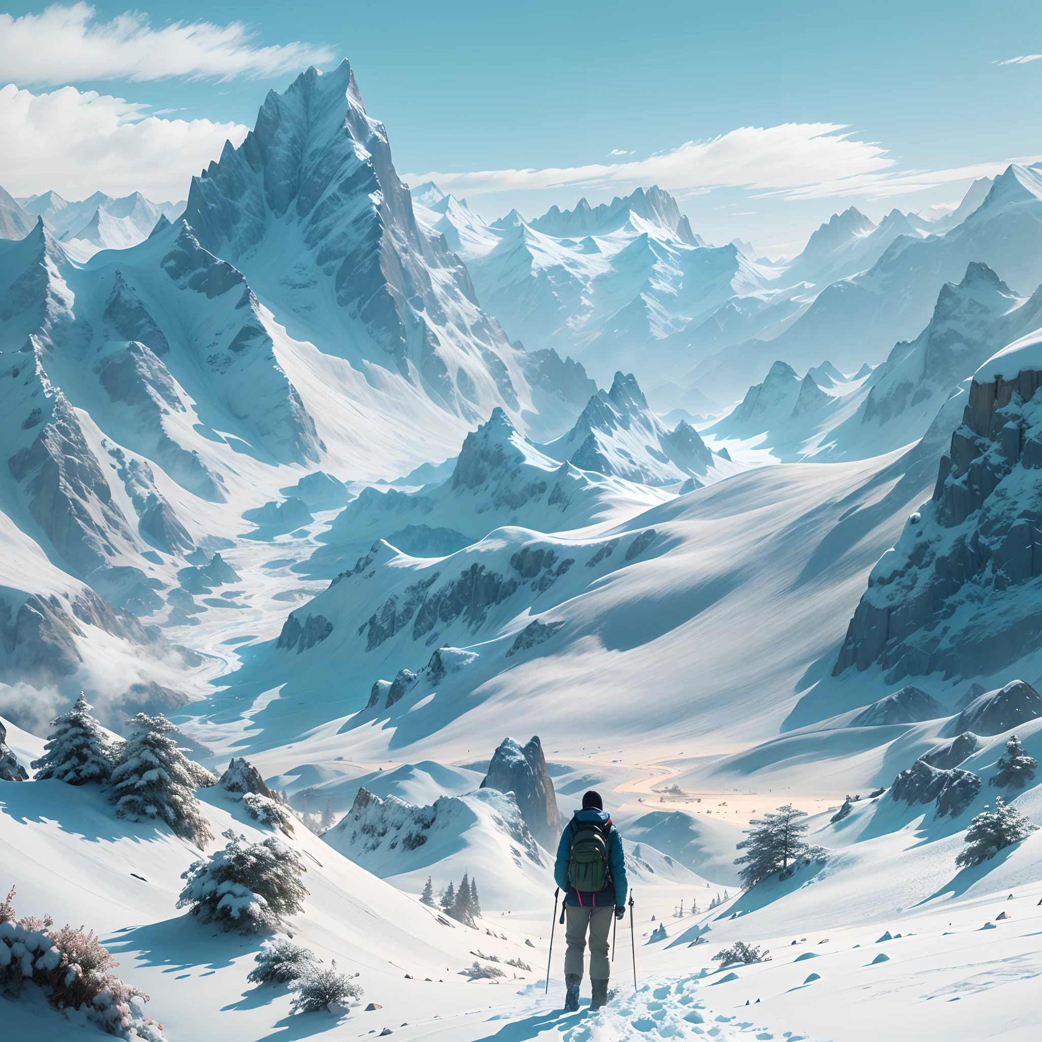 snow mountains,blue-sky,(Ultra-realistic scene 1.3)(Extreme Light and Shadow 1.3)(Aurora Tracking 1.3)Super real,cinematic Film still from,alps,Tender green savannah,(The proportion of mountains and grasslands is about 1:3)There are people traveling in the distance,The warm sun shines directly on the snow-capped mountains,