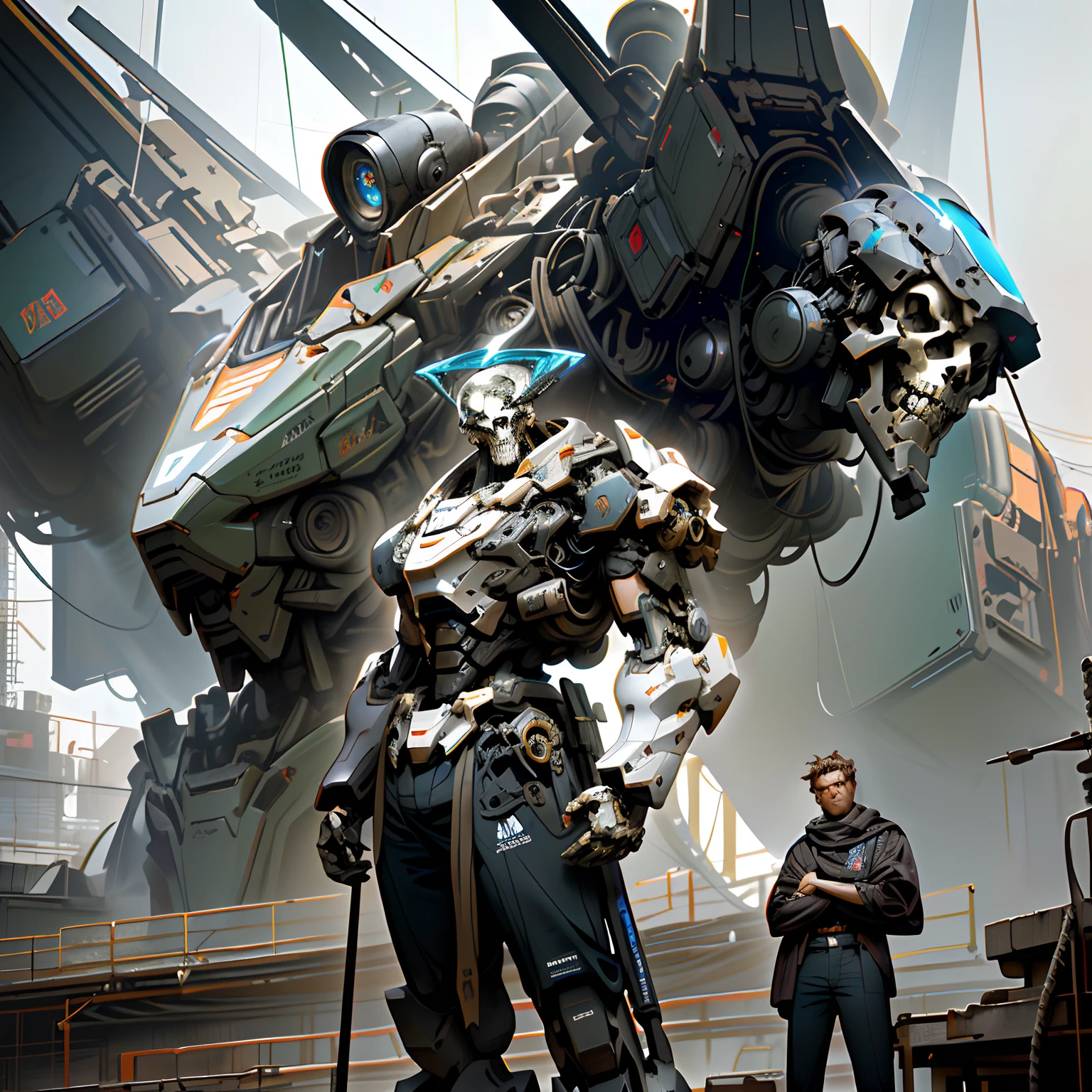 There is a robot that is standing in front of a giant robot, Wojtek FUS, Estilo Craig Mullins, Craig Mullins Greg Rutkowski, alexandre ferra mecha, Soldados e Mech lutam, Craig Mullins Nekro, inspirado em Craig Mullins, Directed by: Craig Mullins, Arte Mecha, mecha asthetic, arte conceitual digital de alta qualidade, skull, rosto e capuz.