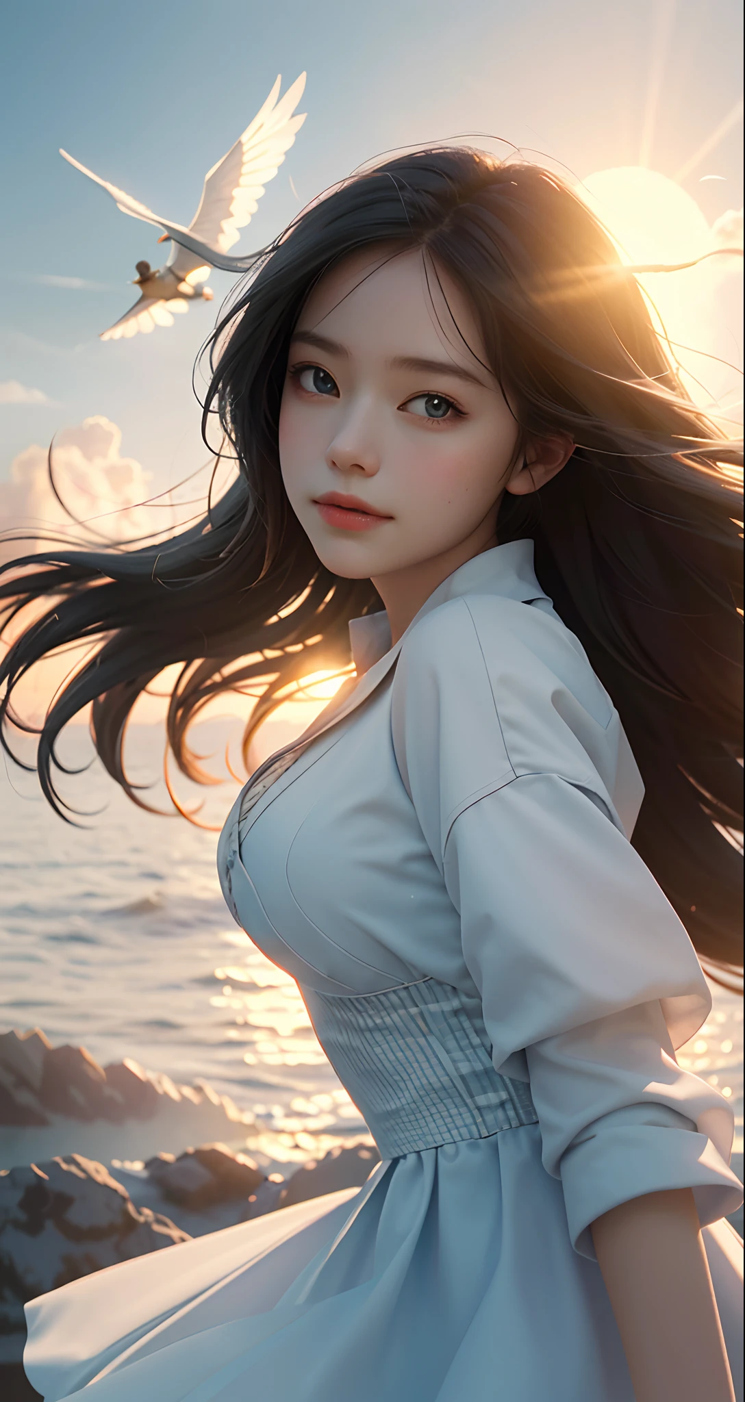 masterpiece, best quality, movie still, 1girl, cloud girl, floating in the sky, close-up, bright, happy, warm soft lighting, sunset, (sparks:0.7)