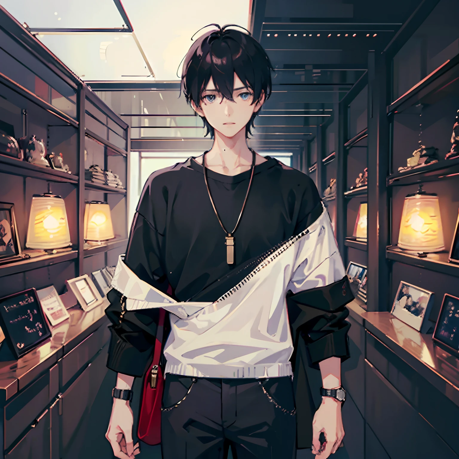 1boy, apple, bag, bangs, berry, black hair, black shirt, blue eyes, hair between eyes, jewelry, leaf, looking at viewer, male focus, necklace, pants, shirt, solo, watch, white pants, wristwatch, messy hair, trending on artstation, 8k resolution, highly detailed, anatomically correct, sharp image, digital painting, concept art, trending on pixiv, style of makoto shinkai,