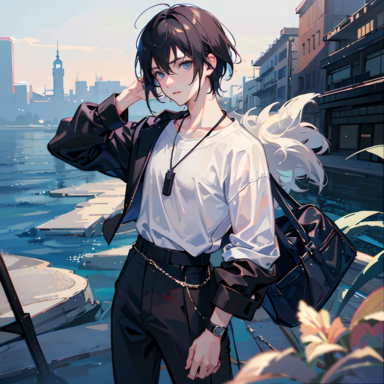 1boy, apple, bag, bangs, berry, black hair, black shirt, blue eyes, hair between eyes, jewelry, leaf, looking at viewer, male focus, necklace, pants, shirt, solo, watch, white pants, wristwatch, messy hair, trending on artstation, 8k resolution, highly detailed, anatomically correct, sharp image, digital painting, concept art, trending on pixiv, style of makoto shinkai,