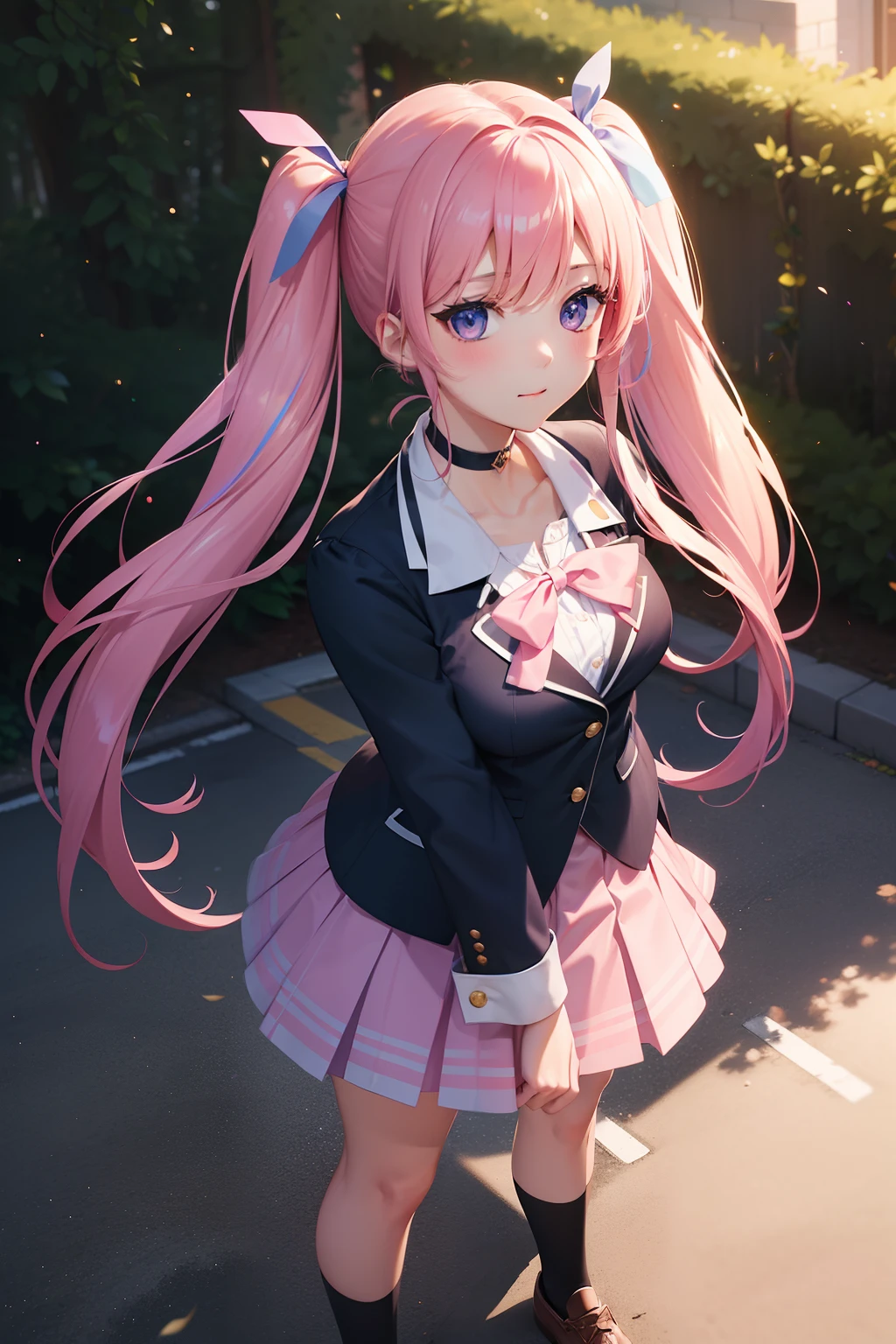 High school girl with beautiful eyes、High School Uniform、Dark blue blazer、Pink skirt、Pink ribbon、Heart-shaped choker、long hair with pink twin tails,,,,,,,,,,,,,,、Schools、独奏、gazing at viewer、school ground、lawn、rainbows、optic、。.。.。.。.。.。.。.。.。.。.。.。.。.。.。.3D、hight resolution、top-quality、full body Esbian、8K Character Concept、32K、pixiv、illustratio、 ultra-detailliert、hyperdetailed face、Megapixel、 Ultra High Definition HDR、Clair、Overdecoration、● S180 - Rainbow 5