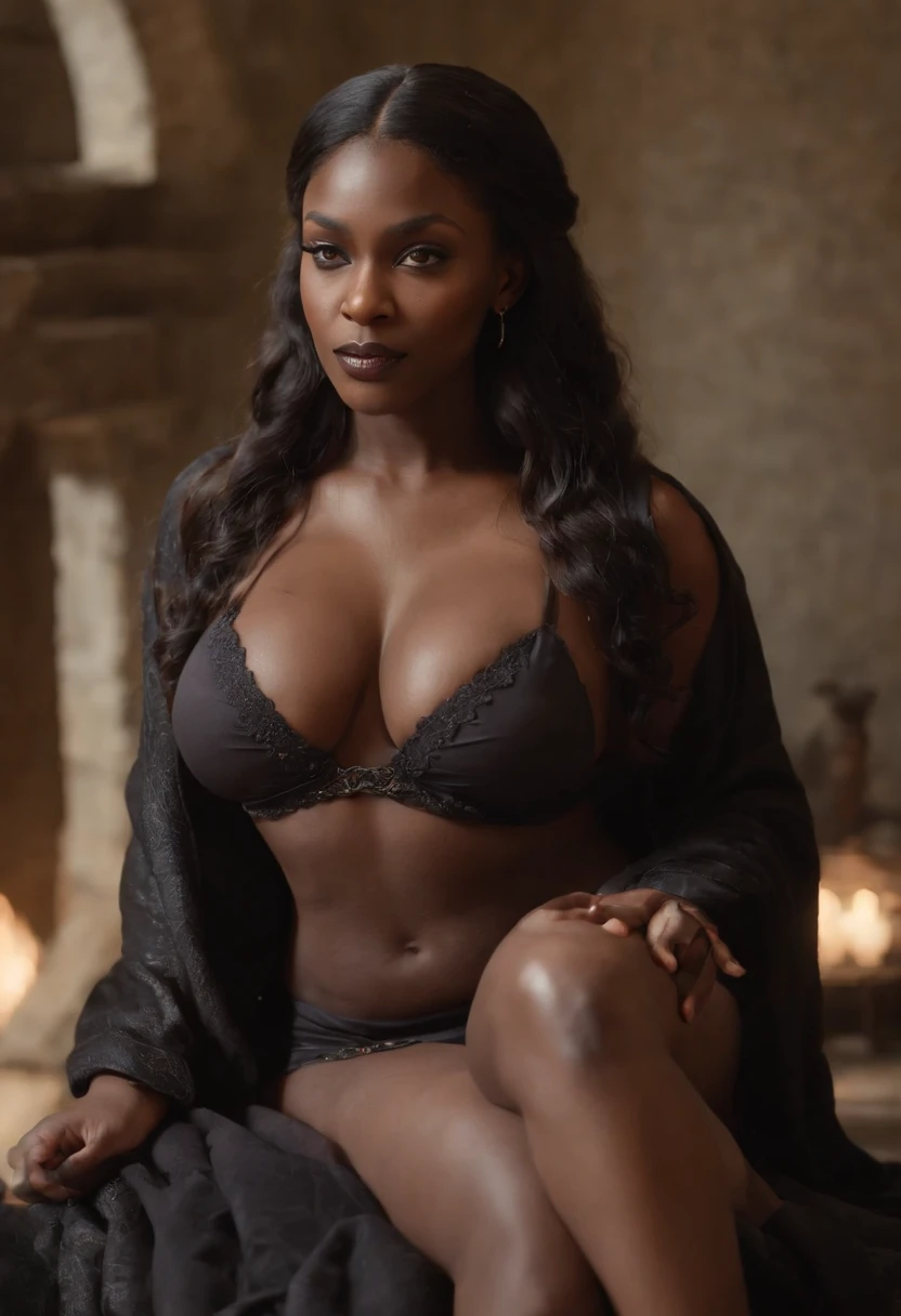 Dark-skinned demonic queen,(( assis avec les jambes grandes ouvertes)) NSFW (en anglais seulement), graisse, gros seins, grosses hanches, gros cul, Porter , showing shaved , Graisse avec peu de poils, Proportions parfaites, Des yeux parfaits, Real kernels, elegant, mise au point nette, Hyperrealistic, highly detailed, bitter, dramatic lighting, Design Resolution Art 8k by Greg Rutkowski Complex dynamic lighting Hyper-detailed Triadic color splash art trend Artstation Unreal Engine 5