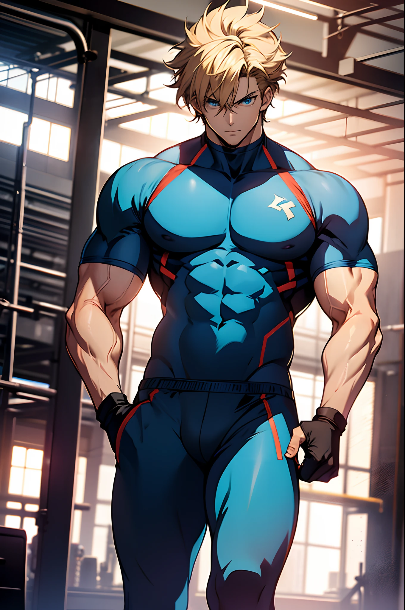 anime guy with good body, anime handsome man, handsome anime pose, standing, in gym, visible shoulders, strong arms, tall anime guy with blue eyes .