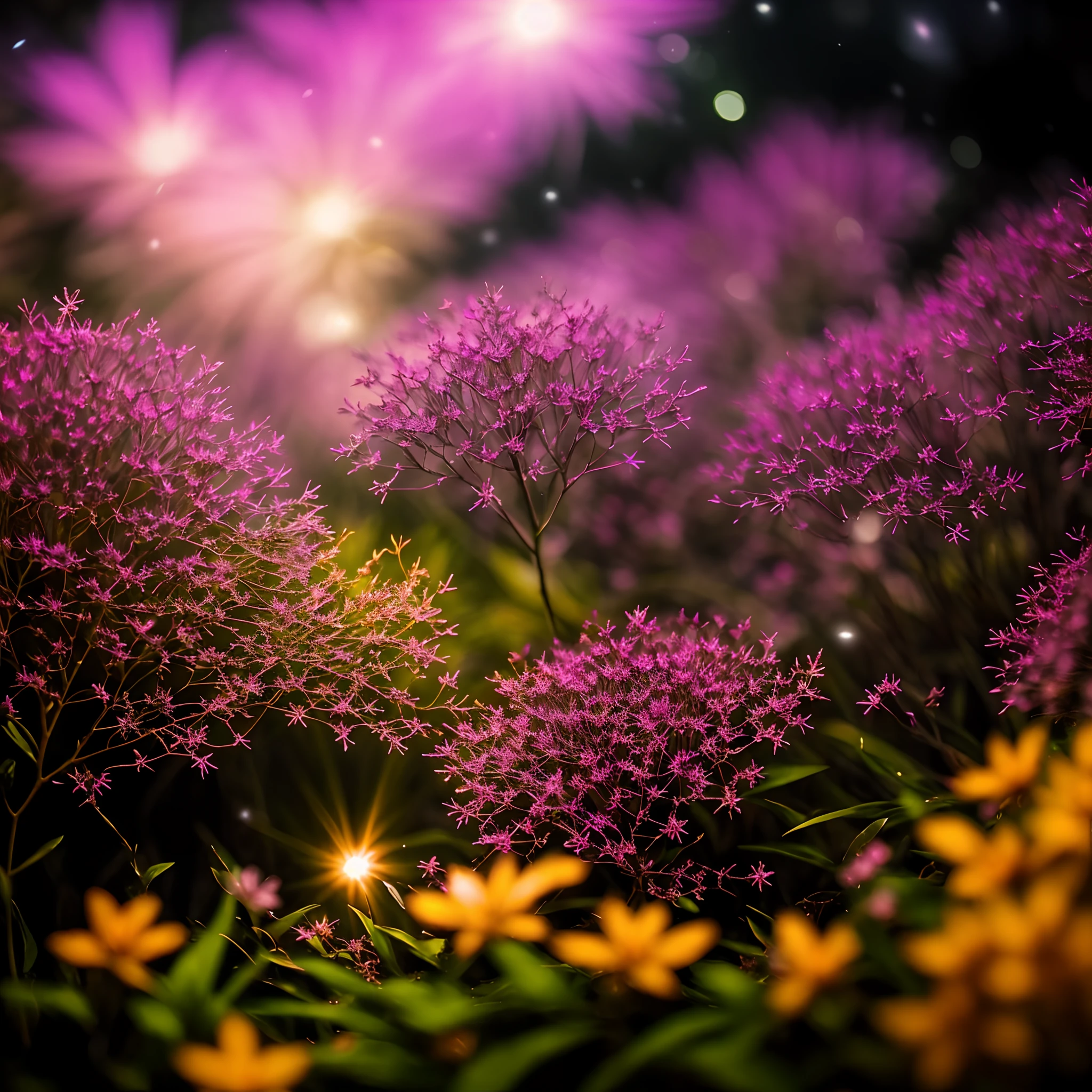 close-up da foto de uma raposa em uma floresta encantada, noite, vaga-lumes, Volumetric Haze, Halation, flor, dramatic atmosphere, Centralizado, thirds rule, Tiro macro de 200 mm 1.4T