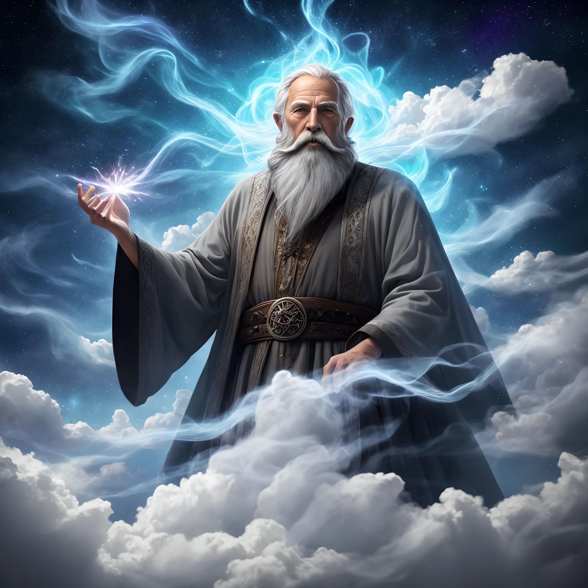 Old wizard with a gray beard, A spell, There are spirits everywhere, Dynamic pose, Wind, Smoke, spark of light, Stars above the clouds, surrealism, Super realistic, Cinematic, pastel colour, Fantasy universe background