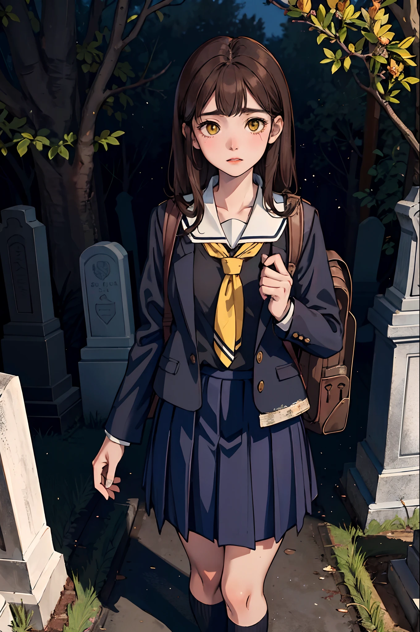 A very young and cute school girl standing in a cemetery, brown hair, yellow eyes, wearing highly detailed school uniform and backpack,  uncomfortable and terrified facing expression, dark chilling horror film elements, highly detailed cemetery, highly detailed background, perfect masterpiece, high quality, high resolution