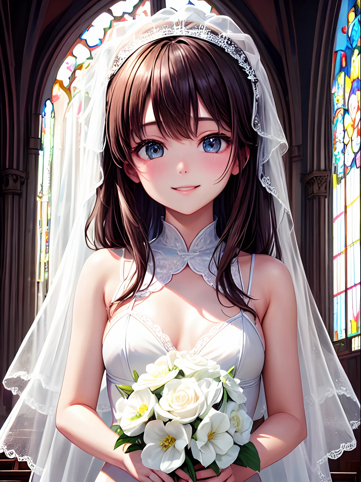 hight resolution, top-quality,  ultra-quality, The ultra-detailliert, lighting like a movie、white church、Small Wedding Bikini、A smile、Brown hair、