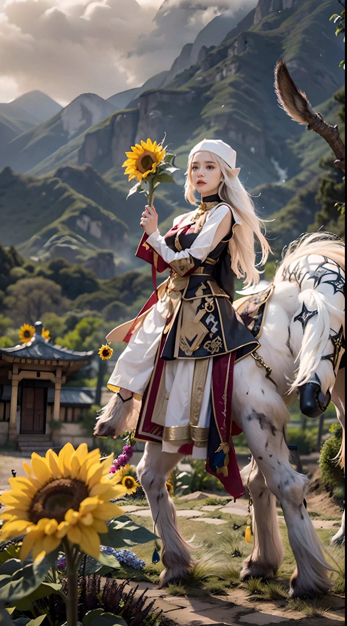 In a very grand scene，The extra-large wide-angle lens captures the appearance of a female centaur。She is a Sunflower Worship nun，Always opposed（Healing smiley face of knitted sunflower puppet😊：99.99）DOA。She is tall，It has the ultimate curvy beauty，The muscles are slender and firm，Beautiful lines。She has（Super huge sky blue eyes：99.99）、always（Wearing sexy glasses：6.66）、（She wears solemn nun attire：9.9）、Stepping on a boot-style skyscraper-heel、A pink cross hangs on his chest。Use Midjourney's advanced tools，Designed for female centaurs（A knitted sunflower puppet and create a super healing cartoon smiley face in the center of the flower tray as a decoration：9.9），and noble and solemn nun costumes，and highlight her unique physiological characteristics and appearance details，Add realism。And in the context of her prayers and listening to confessions，Spectacular views of nature，Such as the sky where storms and sunny days alternate、Brilliant rivers of stars and auroras、The snow-capped summit of Mount Everest、Fireworks in the mountain town, etc。ao mesmo tempo，Away from the hustle and bustle next to the chapel，Create a fantastic scene。Use Midjourney's advanced tools and multiple color palettes、Brush Strokes、Texture tools and model packages，It shows a sense of atmosphere where beauty and charm coexist。The charm of the female centaur is highlighted through color and lines，Enhance realism with detailing，Create a surreal dreamy feeling。Additionally，Use Midjourney's tools to add various exorcism props and books to the female centaur、pergaminhos，Create intricate hairstyles and outfits，Give her a sense of premium。She never flinches，No matter what monster you encounter，can respond quickly，Even the most extreme armies of natural disasters and monsters could not stop her and her front（Sunflower with Tyndall effect that emits sunlight9.99）。Use Midjourney's powerful tools，You can do it with incredible detail and beauty，Bring this ultra-grand and beautiful scene to life。Ultra-grand scenes，s