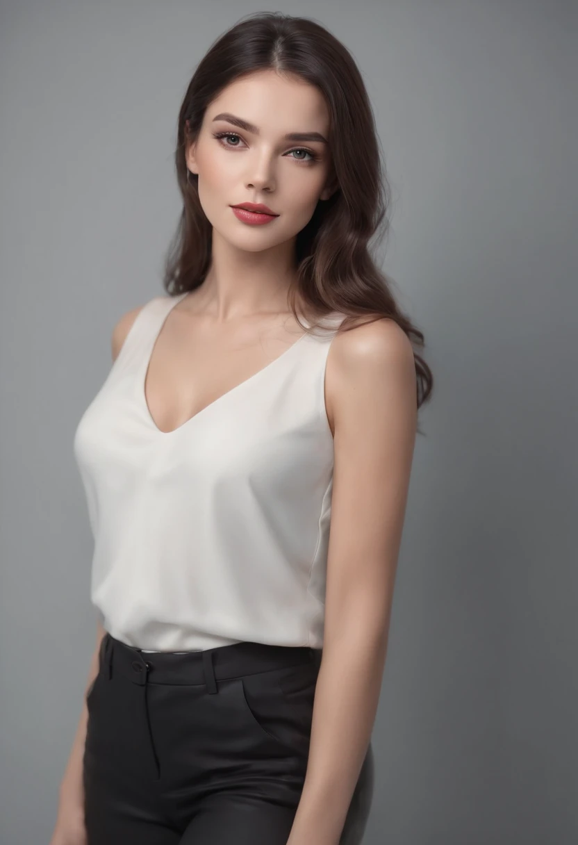 Hyper Realistic Photo, Full Body Walking, (OF A BEAUTIFUL WOMAN), she is in the club, Beautiful and detailed fascinations, captivating look with her beautiful gray eyes, Perfect anatomy, posing before a reflex camera, with natural and bright light, reflects the light and shines in her beautiful soft and slightly wavy black hair, fashionably dressed in black fashionable top and pants, a topmodel, with great self-confidence, 8K UHD, a masterpiece, 3D rendering
