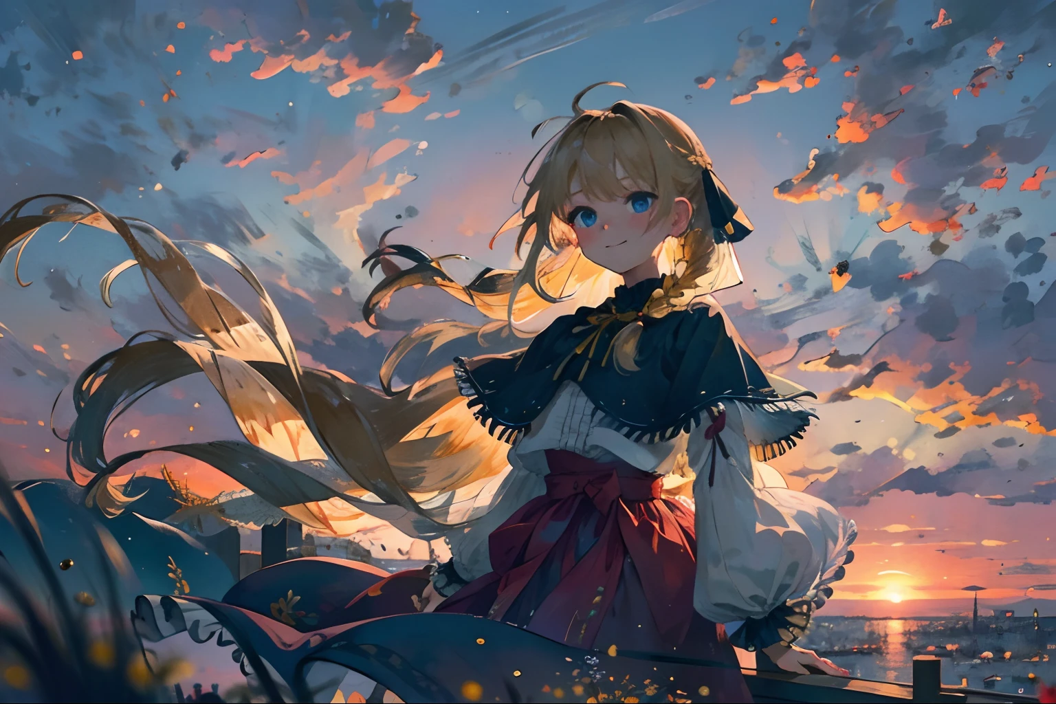 best quality, masterpiece, extremely detailed, detailed background, 1girl, solo, yellow hair, blue eyes, braid, long hair, wavy hair, fluffy hair, ponytail, french braid, blush, smile, capelet, lace trim, bodice, sunset, dusk, scenery, high place, horizon, wind, wind blow, flowerbed, looking at viewer, depth of field, bokeh