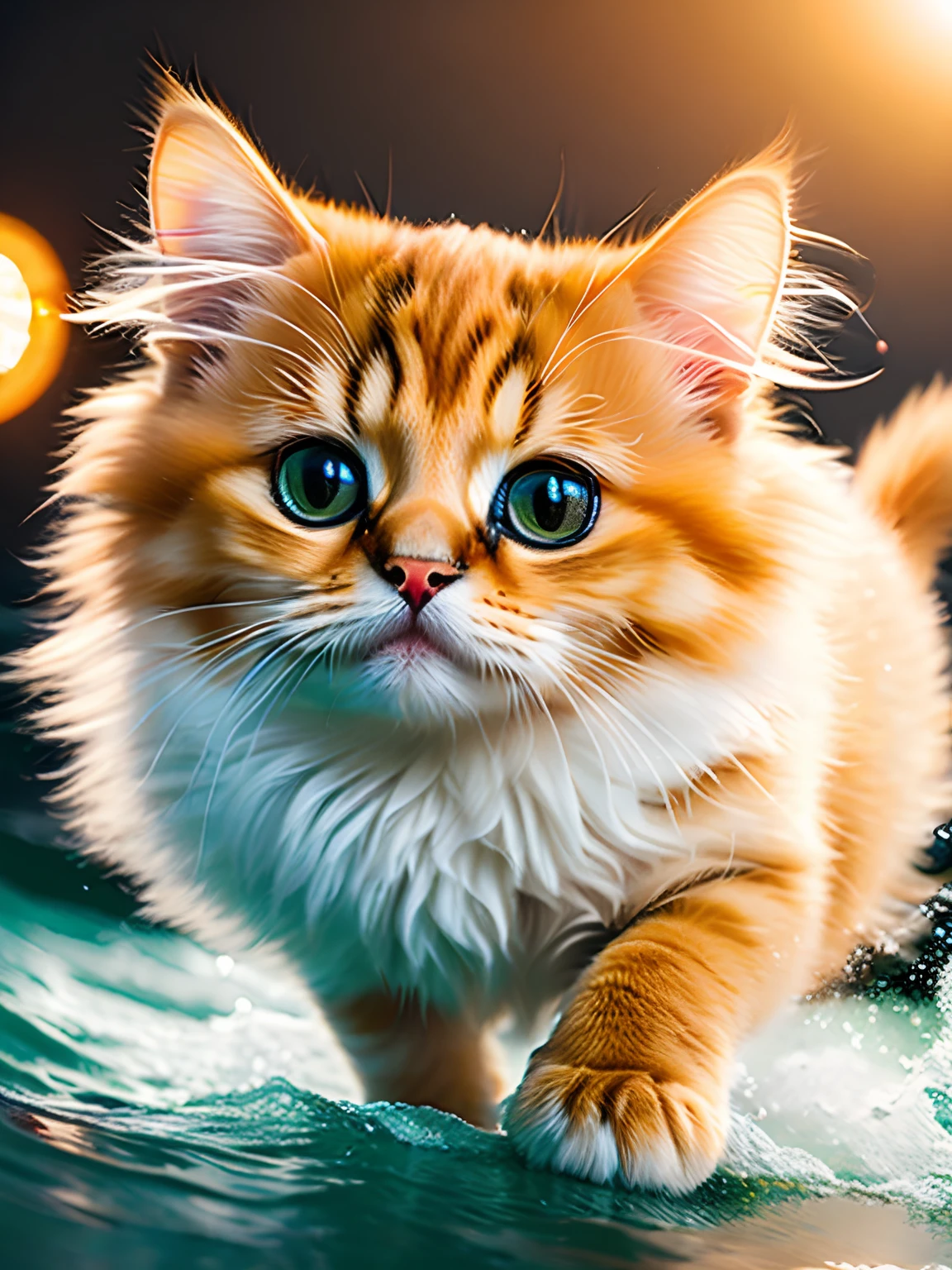 Close-up photo of a super fluffy orange kitten, con lentes, jumping very cute in the sea Soft volumetric lights, (retroiluminado:1.3), (Kinematic:1.2), Detalles intrincados, (Artstation:1.3), Rutkowski