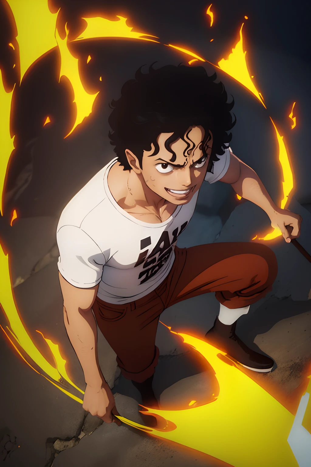 1boy, happy, black short curly hair like michael jackson, flame power, white shirt, brown trousers, black boots, one piece style, has a cool crew, good looking guy