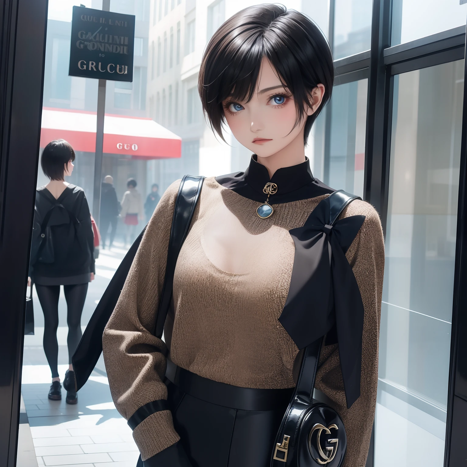 4K, Realistic, ighly detailed, Soft clothes, Short hair, Wearing enamel black leggings, 25 years old, Full body, Wear Gucci shoes、Shop windows in the city、