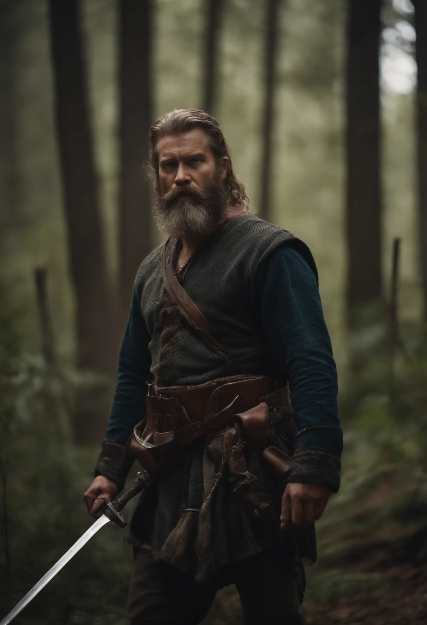 Warrior Man, middle-aged, with a thick beard, armed with a sword. stands on the edge of the forest.