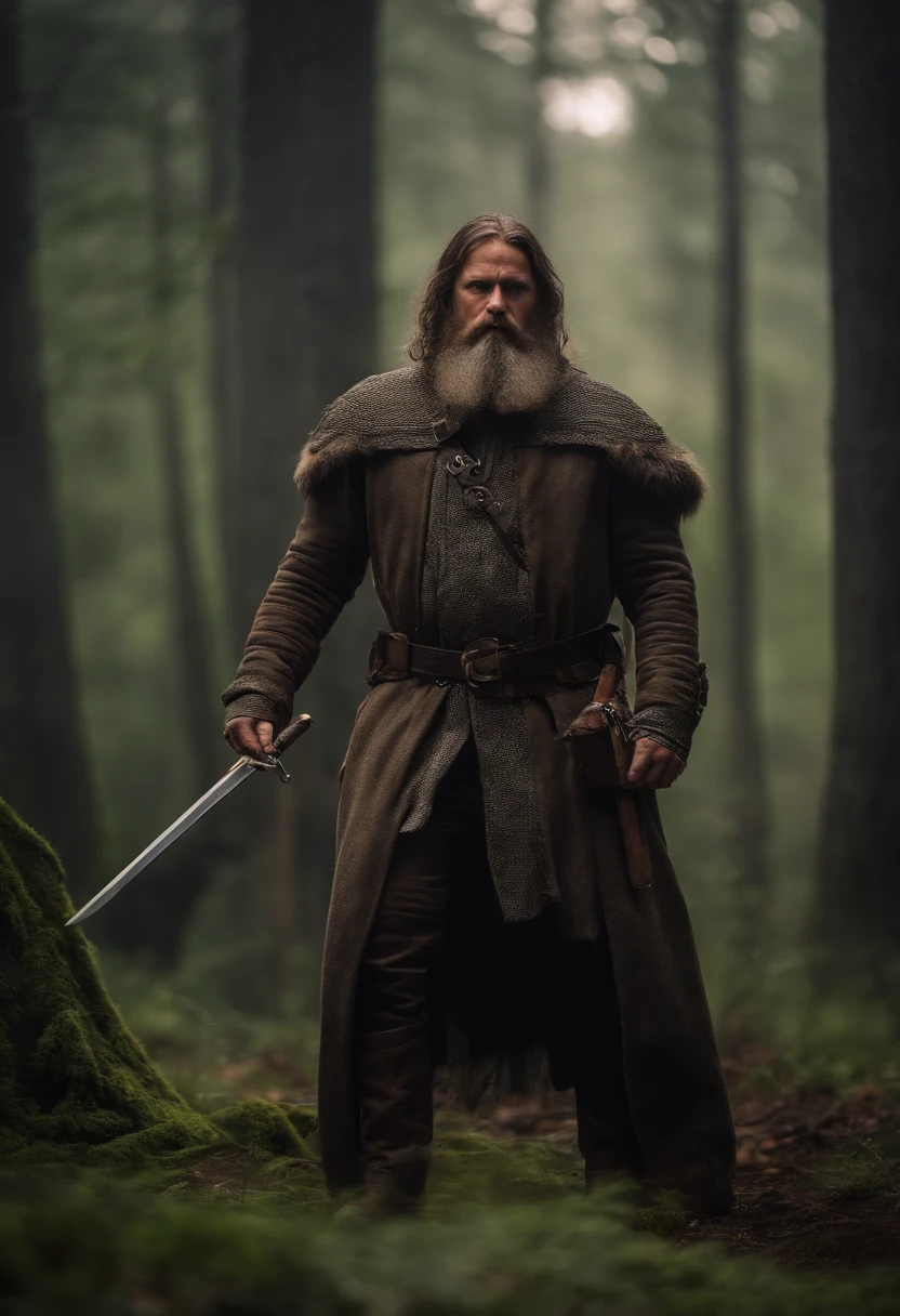 Warrior Man, middle-aged, with a thick beard, armed with a sword. stands on the edge of the forest.
