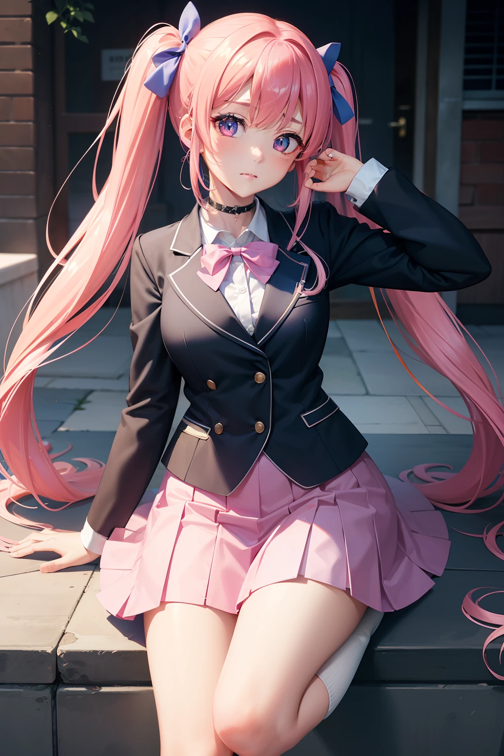 High school girl with beautiful eyes、High School Uniform、Dark blue blazer、Pink skirt、Pink ribbon、Heart-shaped choker、long hair with pink twin tails,,,,,,,,,,,,,,,,,、Schools、独奏、gazing at viewer、school ground、lawn、rainbows、optic、。.。.。.。.。.。.。.。.。.。.。.。.。.。.。.。.。.。.3D、hight resolution、top-quality、full body Esbian、8K Character Concept、32K、pixiv、illustratio、 ultra-detailliert、hyperdetailed face、Megapixel、 Ultra High Definition HDR、Clair、Overdecoration、● S180 - Rainbow 5