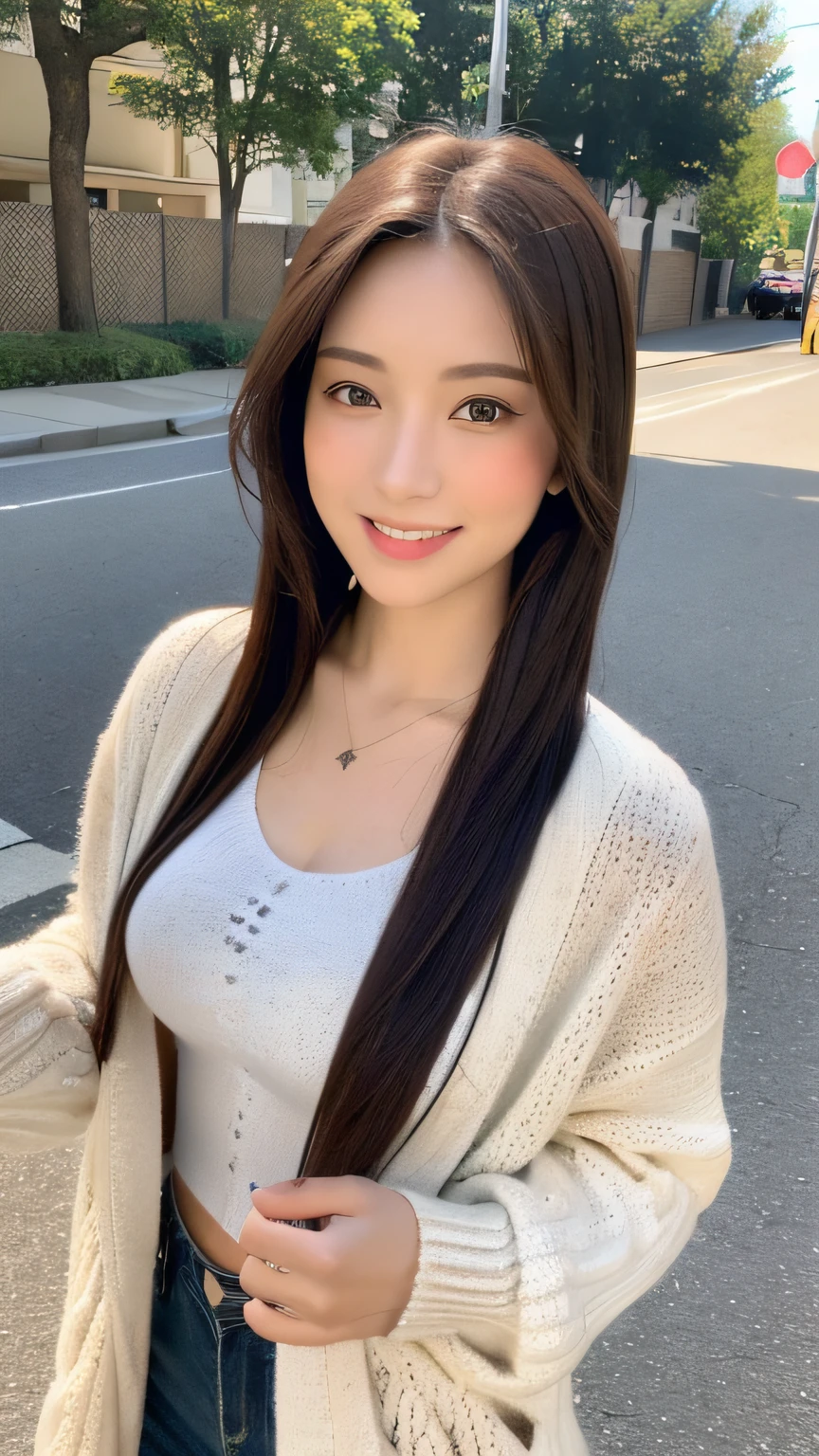 ((best qualtiy, 8K, tmasterpiece:1.3)), Focus:1.2, perfect figure beautiful woman:1.4, Cocked buttocks:1.2, ((exquisite long hair)),(Long white legs:1.3) ,(Cardigan knitwear:1.2) , (Sports cars, street: 1.2), Highly detailed facial and skin texture, A detailed eye, 二重まぶた,Whiten skin,(Straight big breasts:1.3),ssmile,Wear a necklace,gyuru