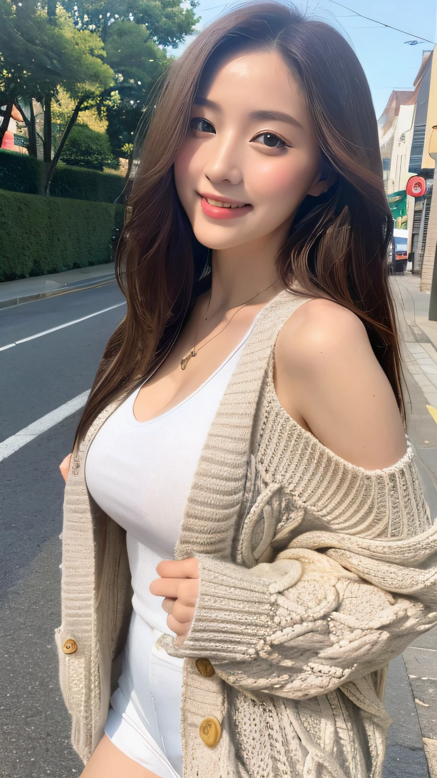 ((best qualtiy, 8K, tmasterpiece:1.3)), Focus:1.2, perfect figure beautiful woman:1.4, Cocked buttocks:1.2, ((exquisite long hair)),(Long white legs:1.3) ,(Cardigan knitwear:1.2) , (Sports cars, street: 1.2), Highly detailed facial and skin texture, A detailed eye, 二重まぶた,Whiten skin,(Straight big breasts:1.3),ssmile,Wear a necklace,gyuru