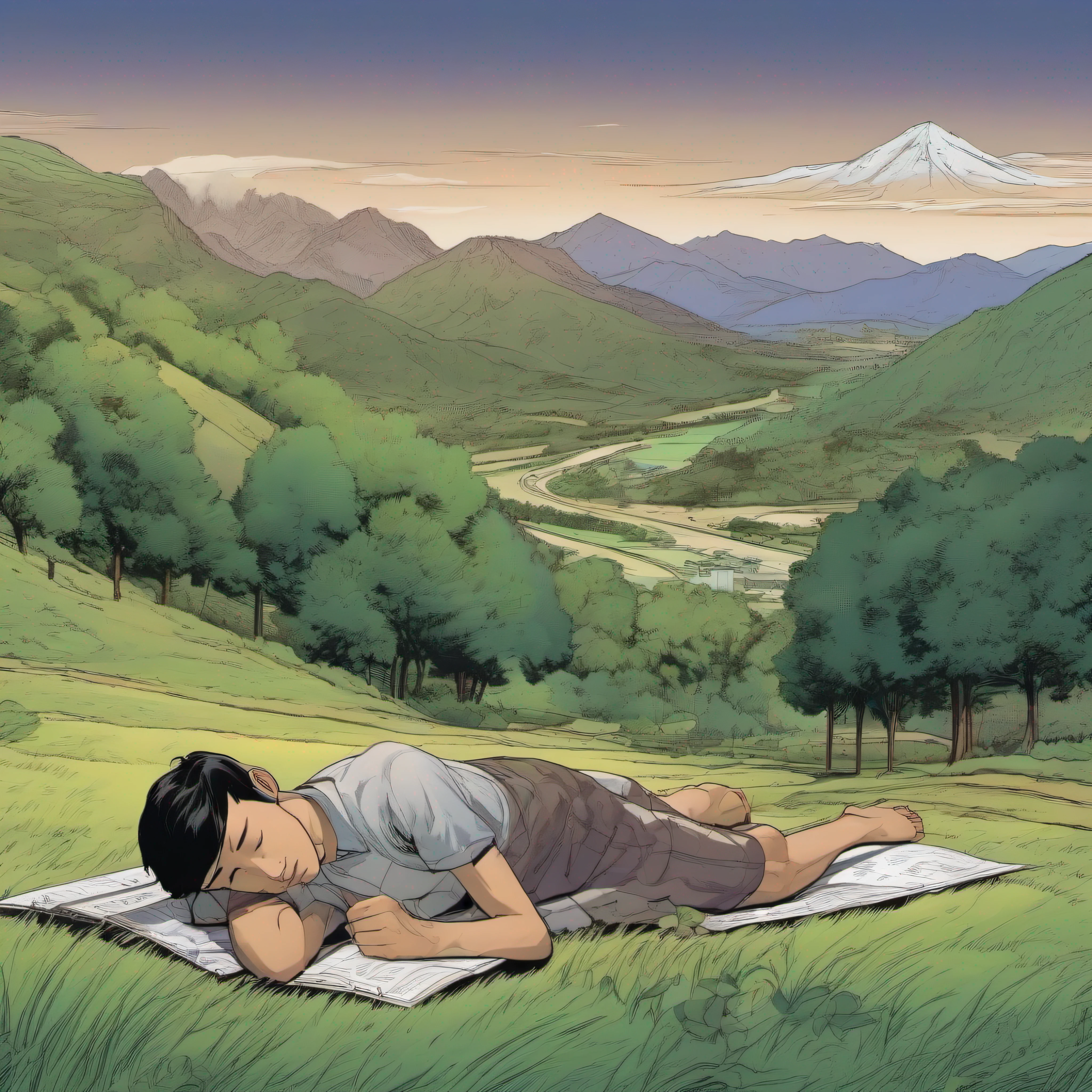 an Asian man, 20 years old, lying on the grass, sleeping. trees on the side and a mountain in the background
