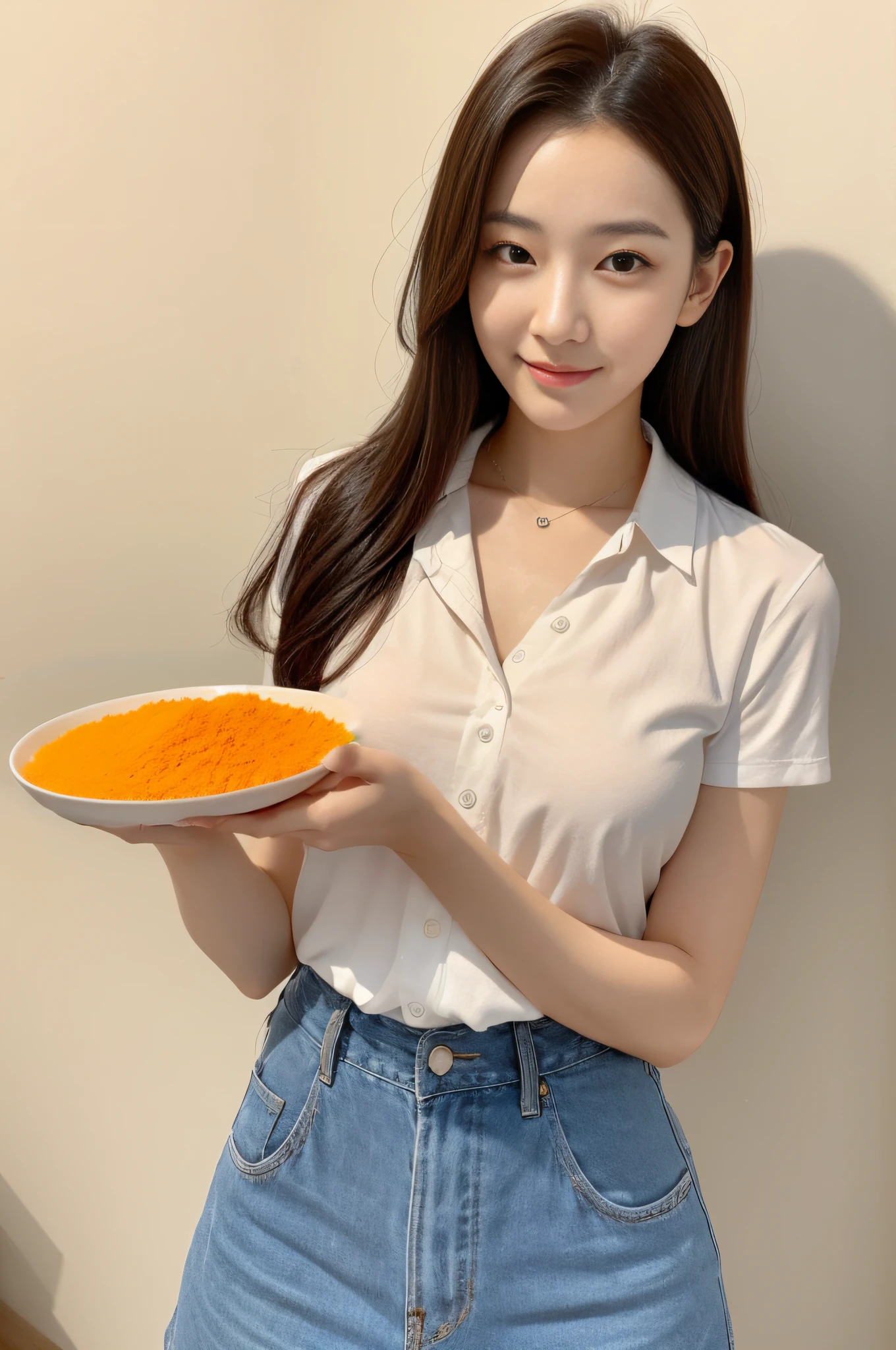 Very beautiful Korean woman holding a plate of orange powder
