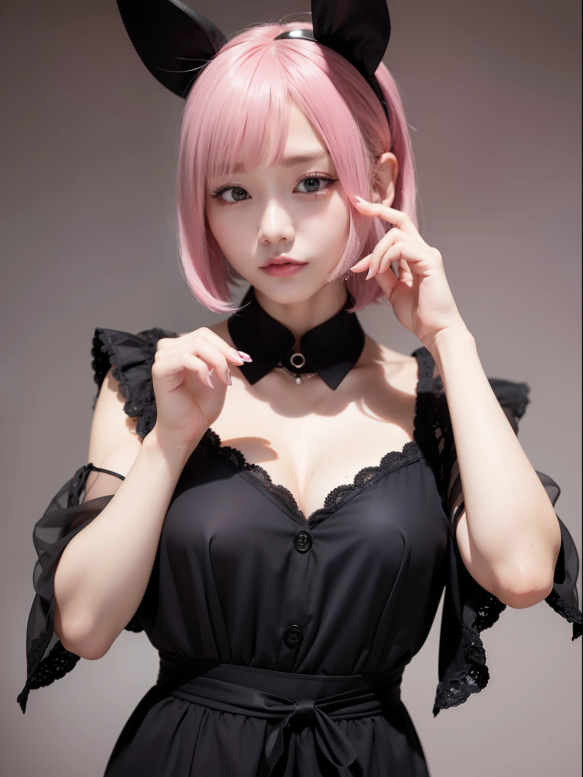 Black Long Dress、White sheer cardigan、party、masuter piece、Pink Shortcut Bob、Realistic rabbit ears、Realistic ears of rabbits sticking out of the head、Pink hair、Bewitching atmosphere、Beautiful shaped hands、K-POP、Pink rabbit ears、1 girl in、独奏、masterpiece、top-quality、realisitic、Hyper-detailing、(Glossy skin:1.4)、absurderes、short pink hair、Slender beauties、动态照明、hight resolution、foco nítido、depth of fields、(thick thight:1.0)、A slender :1.2、((Short-cut bob hair))、((k pop:1.3))、Highly detailed facial and skin texture、((魅惑的))、Anatomically correct number of fingers、Correct anatomy、